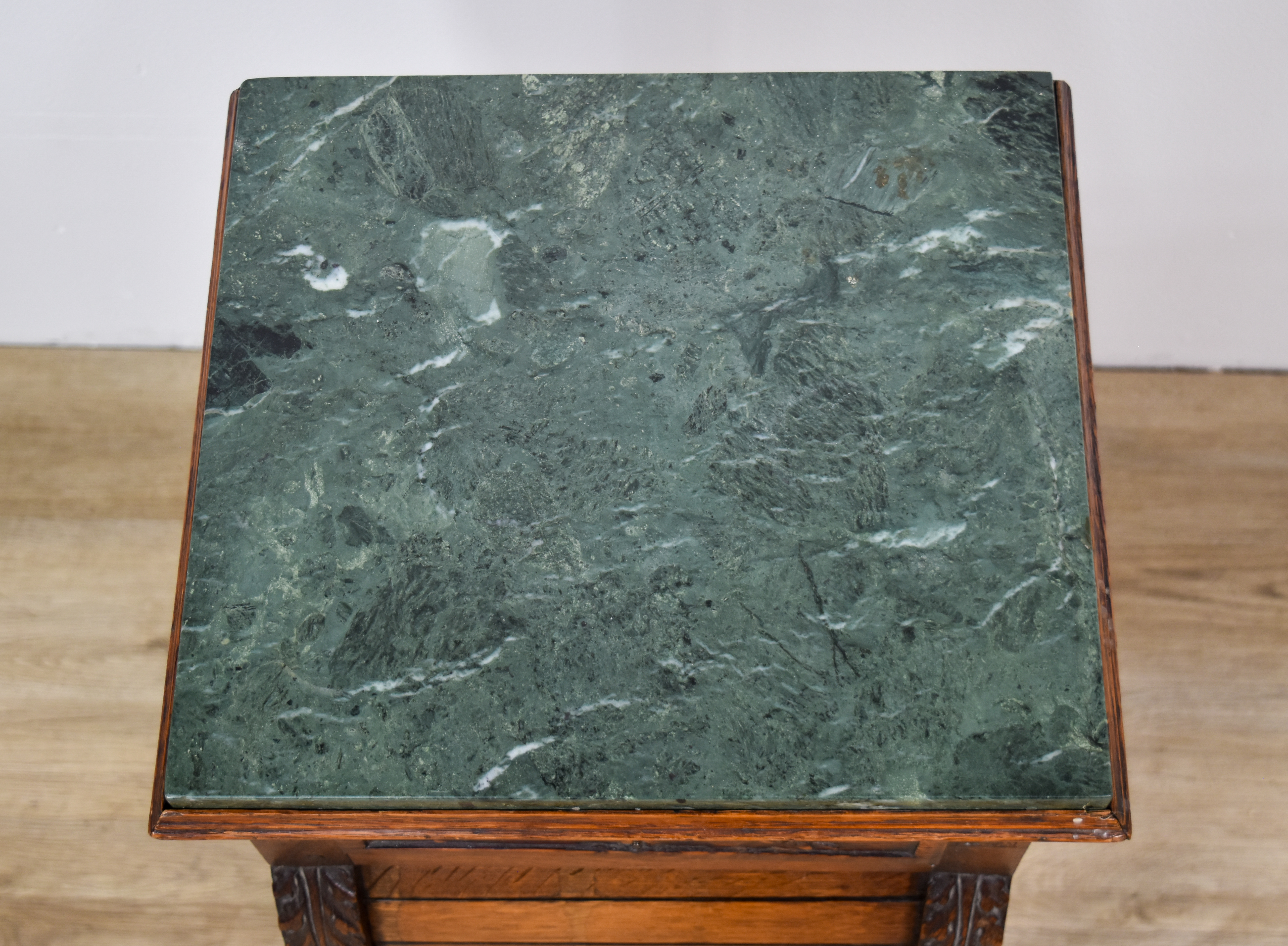 Louis XVI Style Oak Nightstand with Green Marble Top and Tambour Door