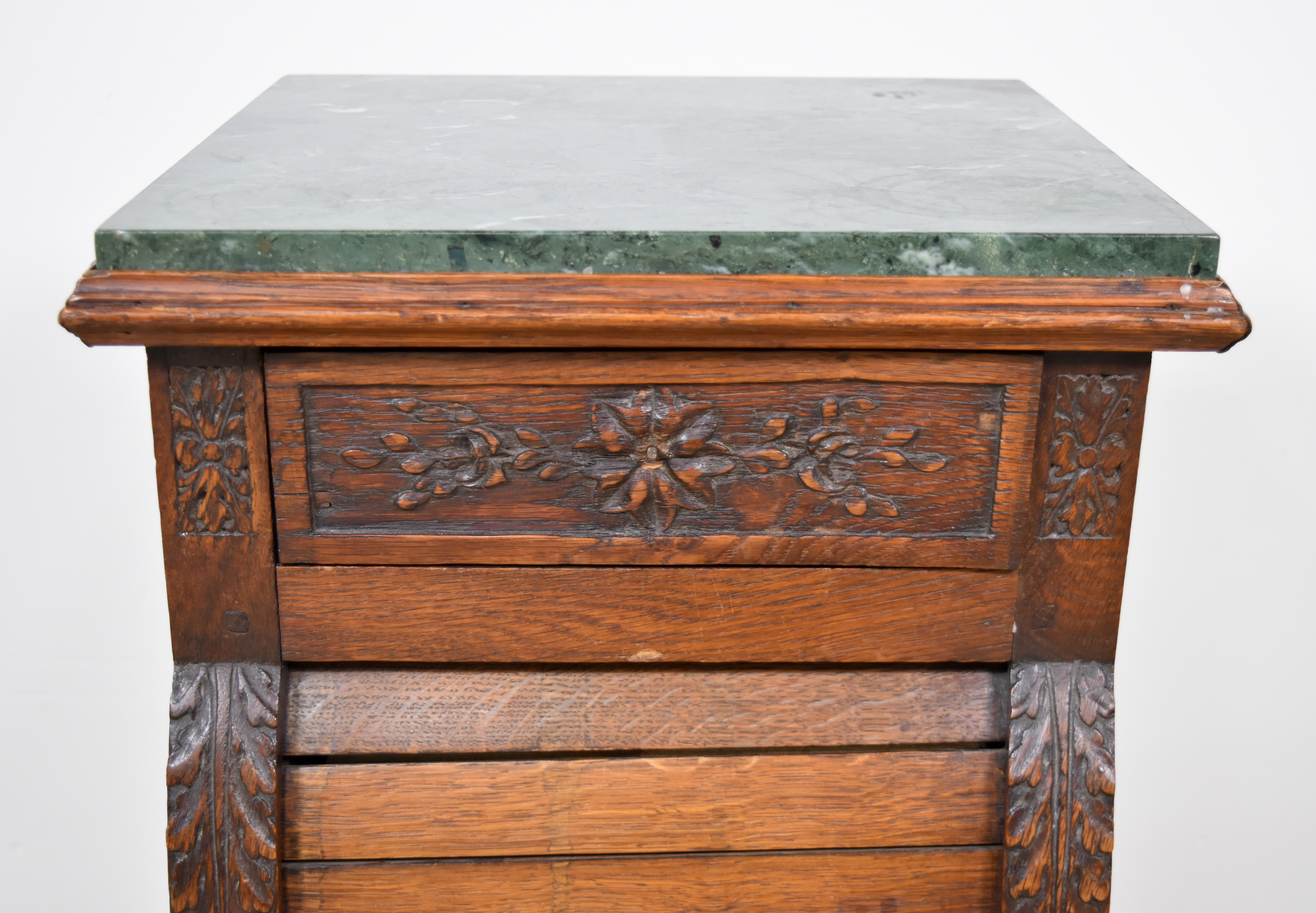 Louis XVI Style Oak Nightstand with Green Marble Top and Tambour Door