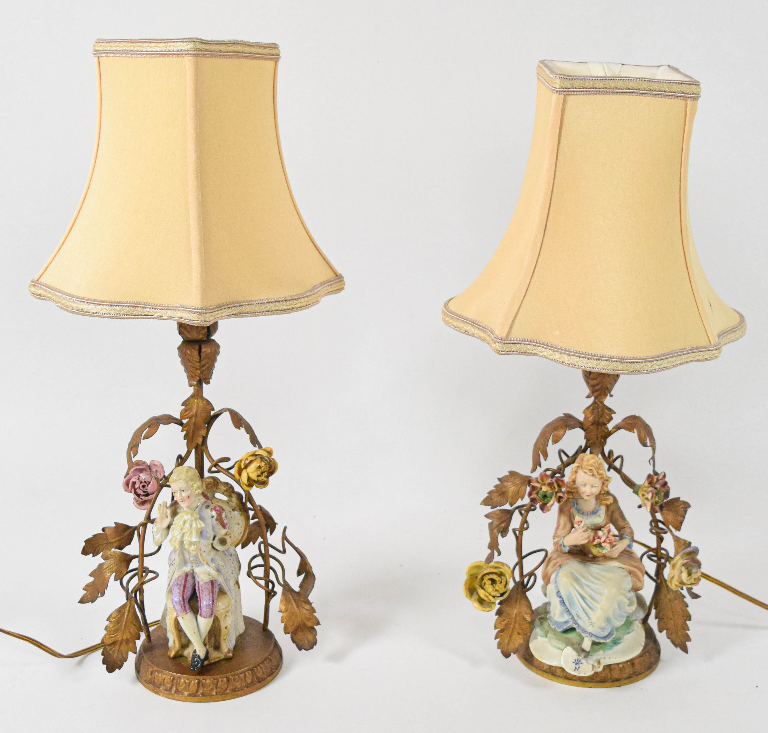 Pair of Capodimonte Porcelain and French Gilt Metal Figural Table Lamps