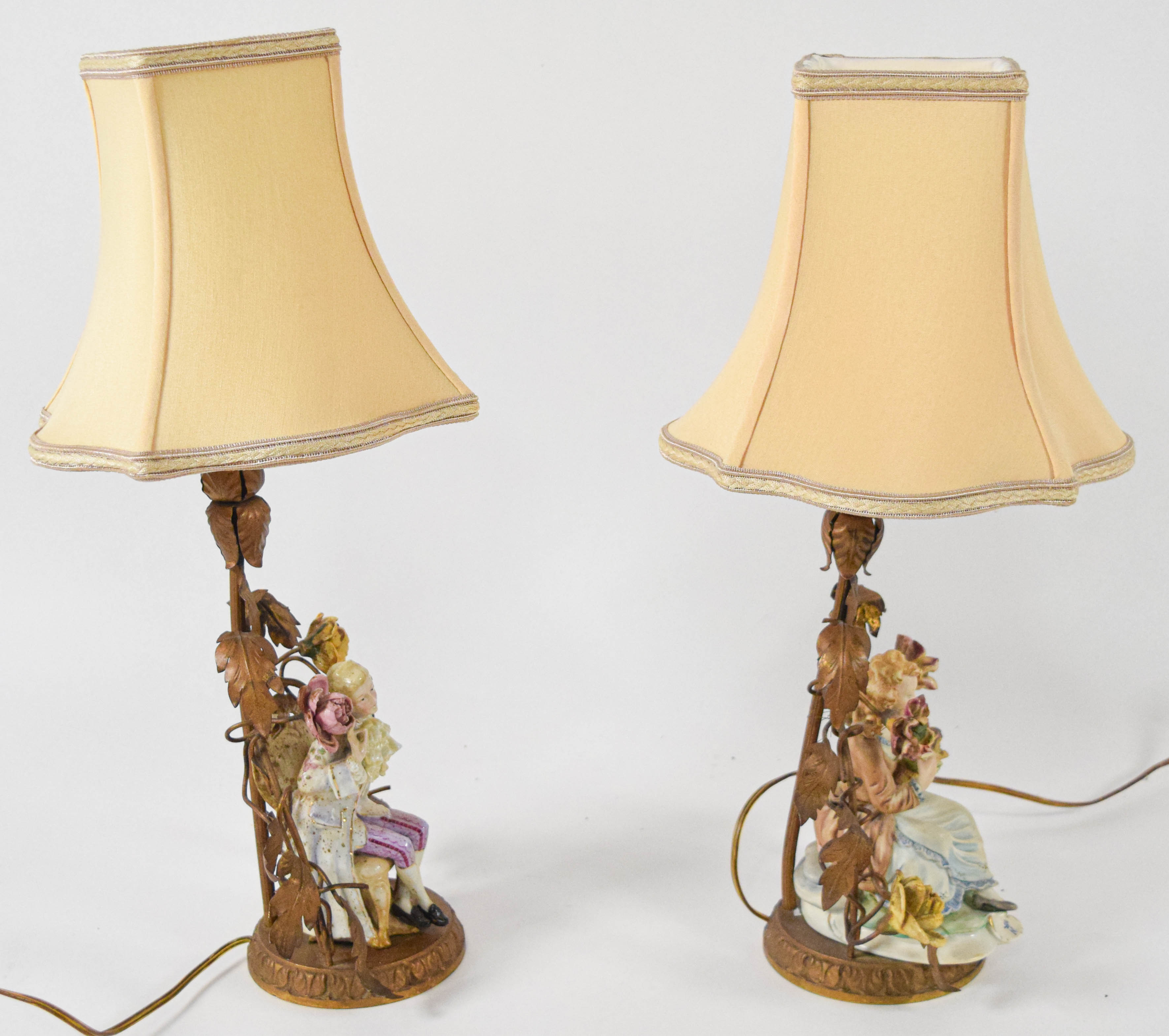 Pair of Capodimonte Porcelain and French Gilt Metal Figural Table Lamps