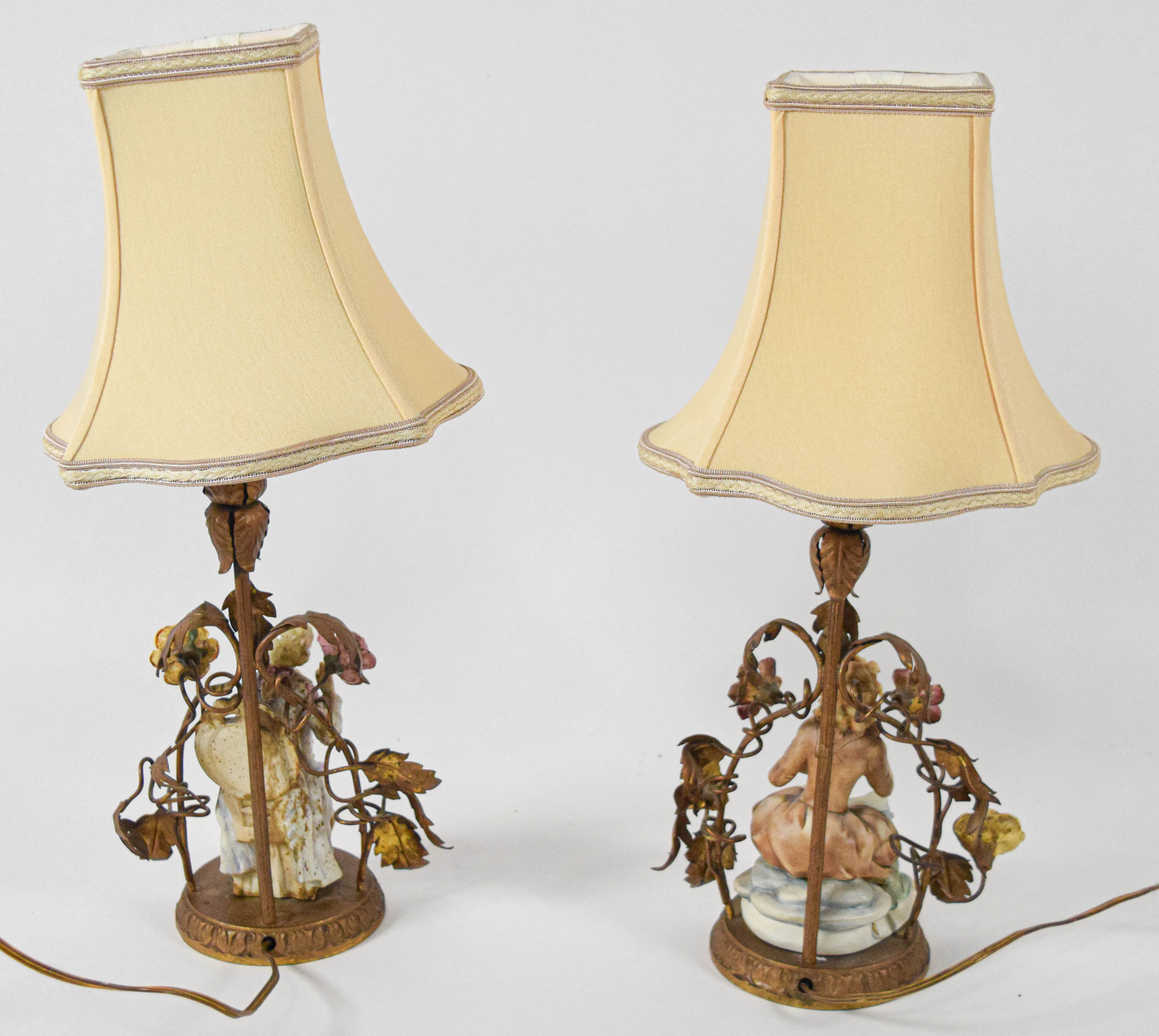 Pair of Capodimonte Porcelain and French Gilt Metal Figural Table Lamps