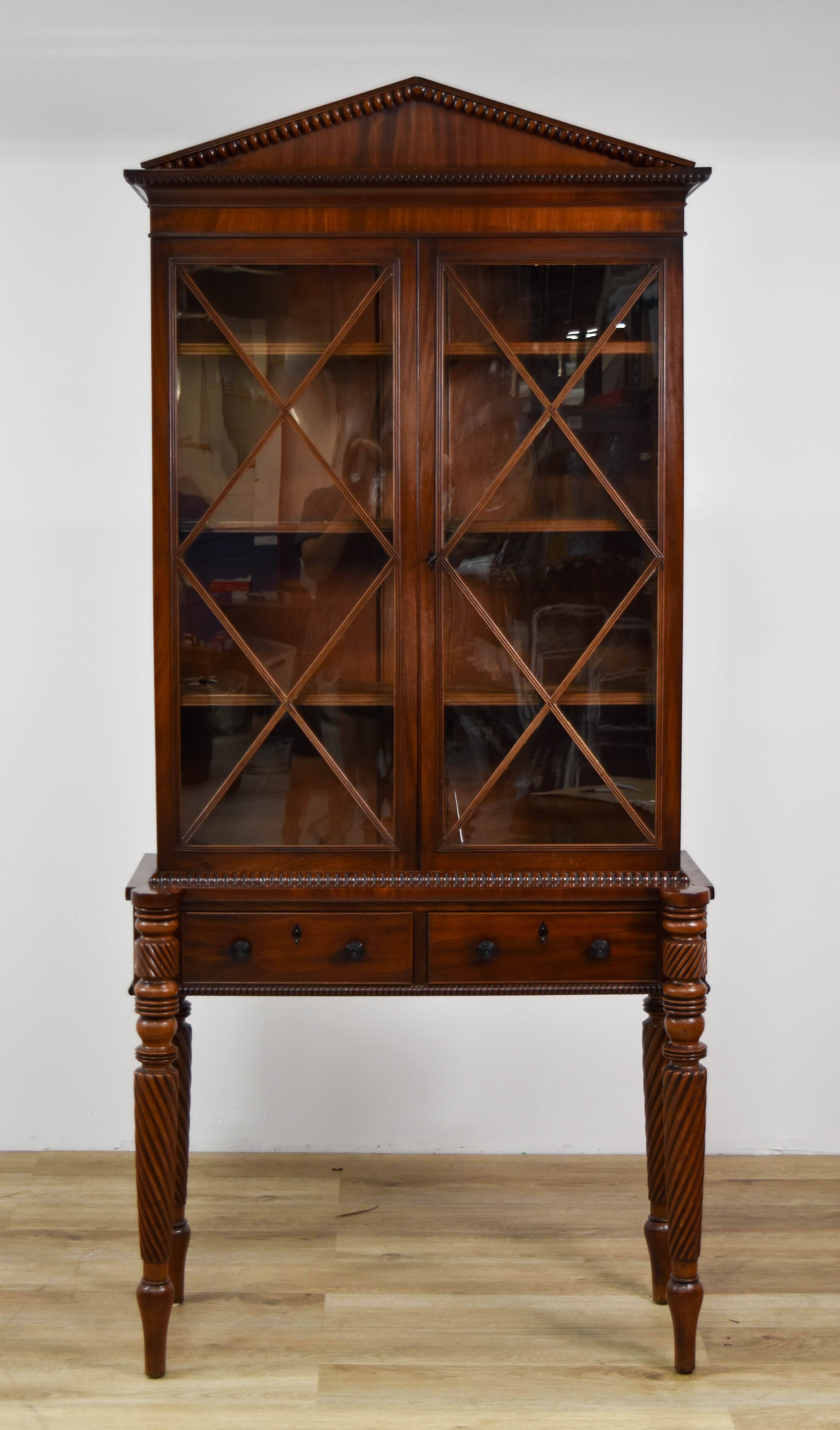 Neoclassical Style Two-Piece Mahogany Display Cabinet on Stand