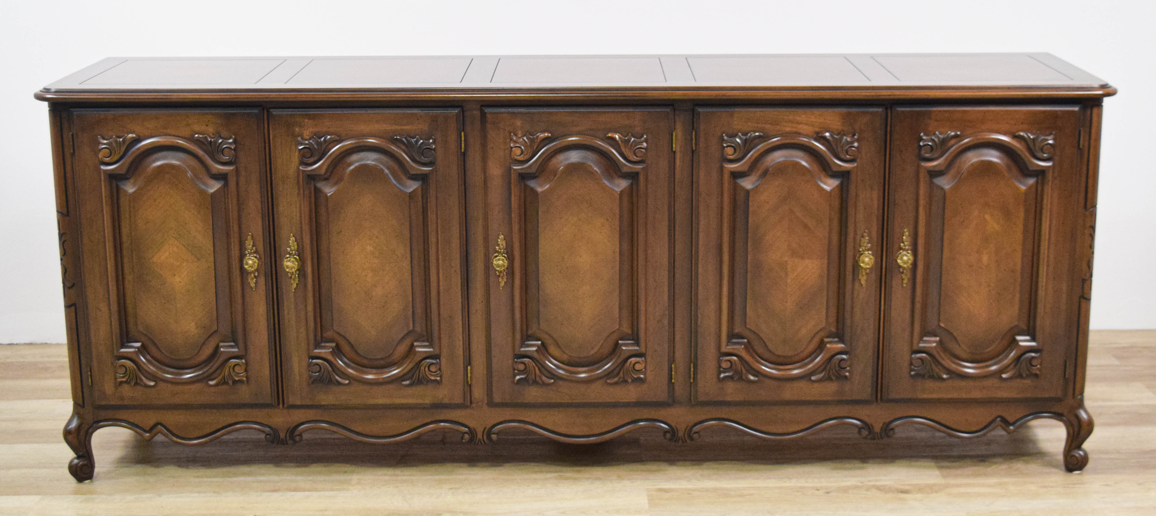 French Provincial Style Carved Wood Five Door Buffet Cabinet