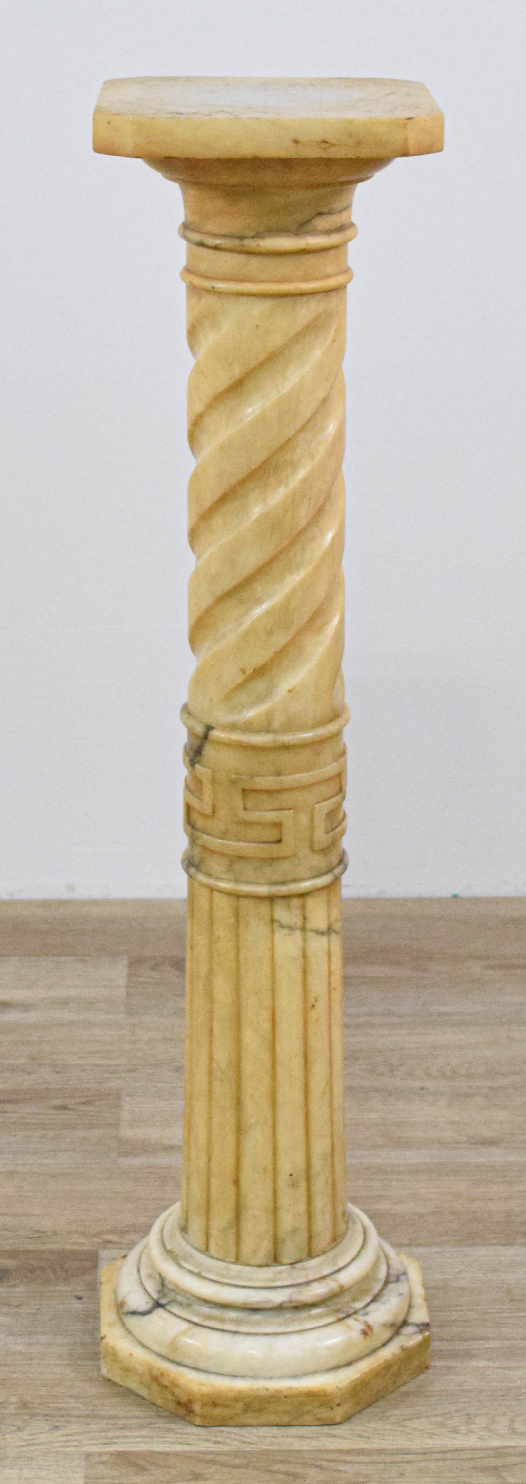 Carved Alabaster Pedestal Column with Solomonic and Fluted Shaft