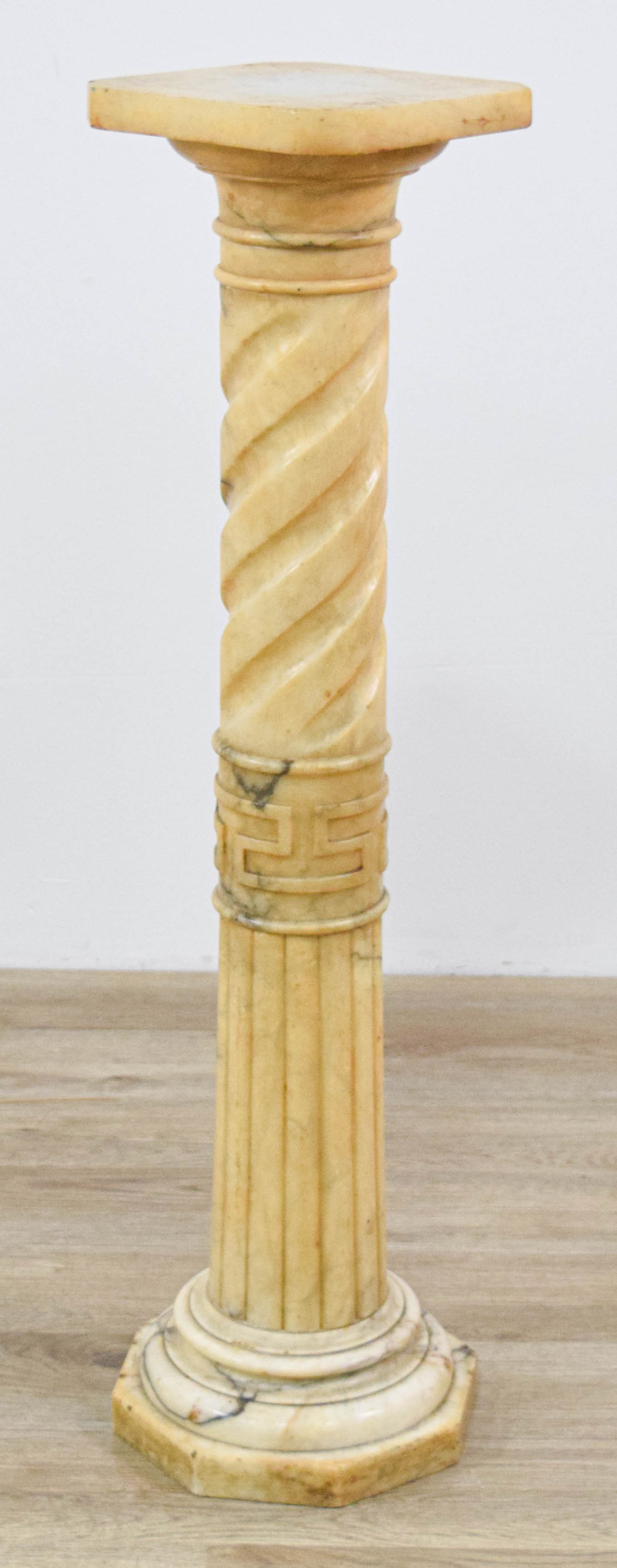 Carved Alabaster Pedestal Column with Solomonic and Fluted Shaft