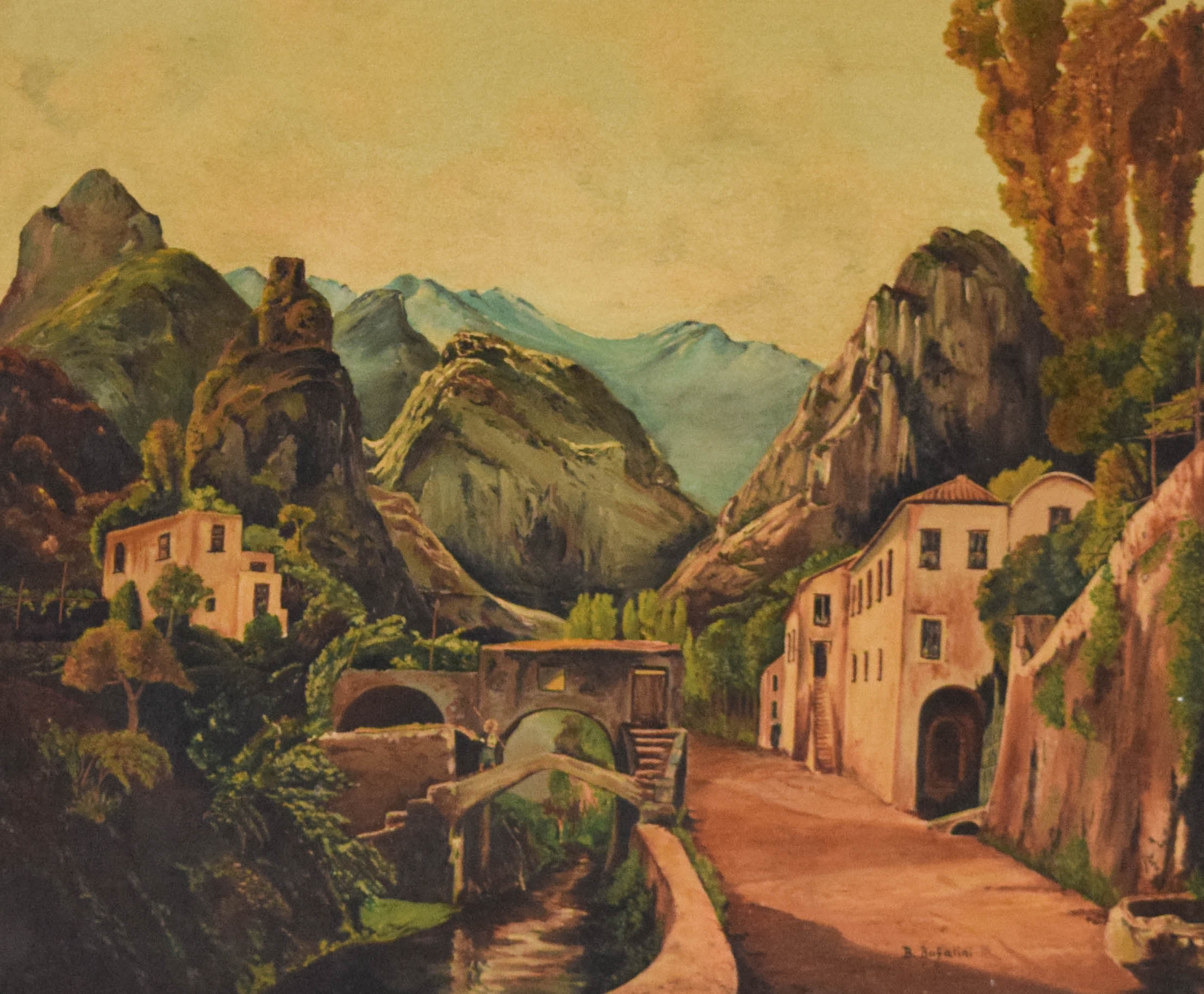 B. Bufalini Oil on Canvas European Mountain Village Landscape, 1971