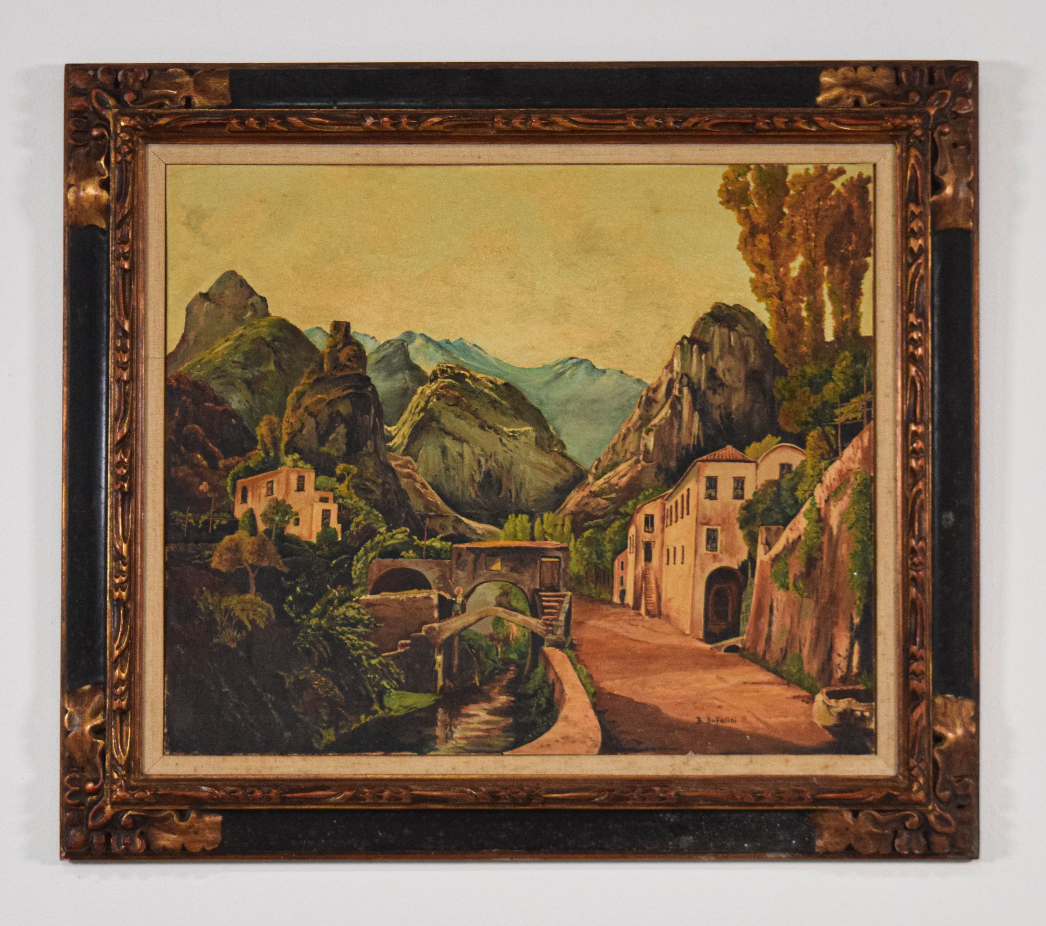 B. Bufalini Oil on Canvas European Mountain Village Landscape, 1971