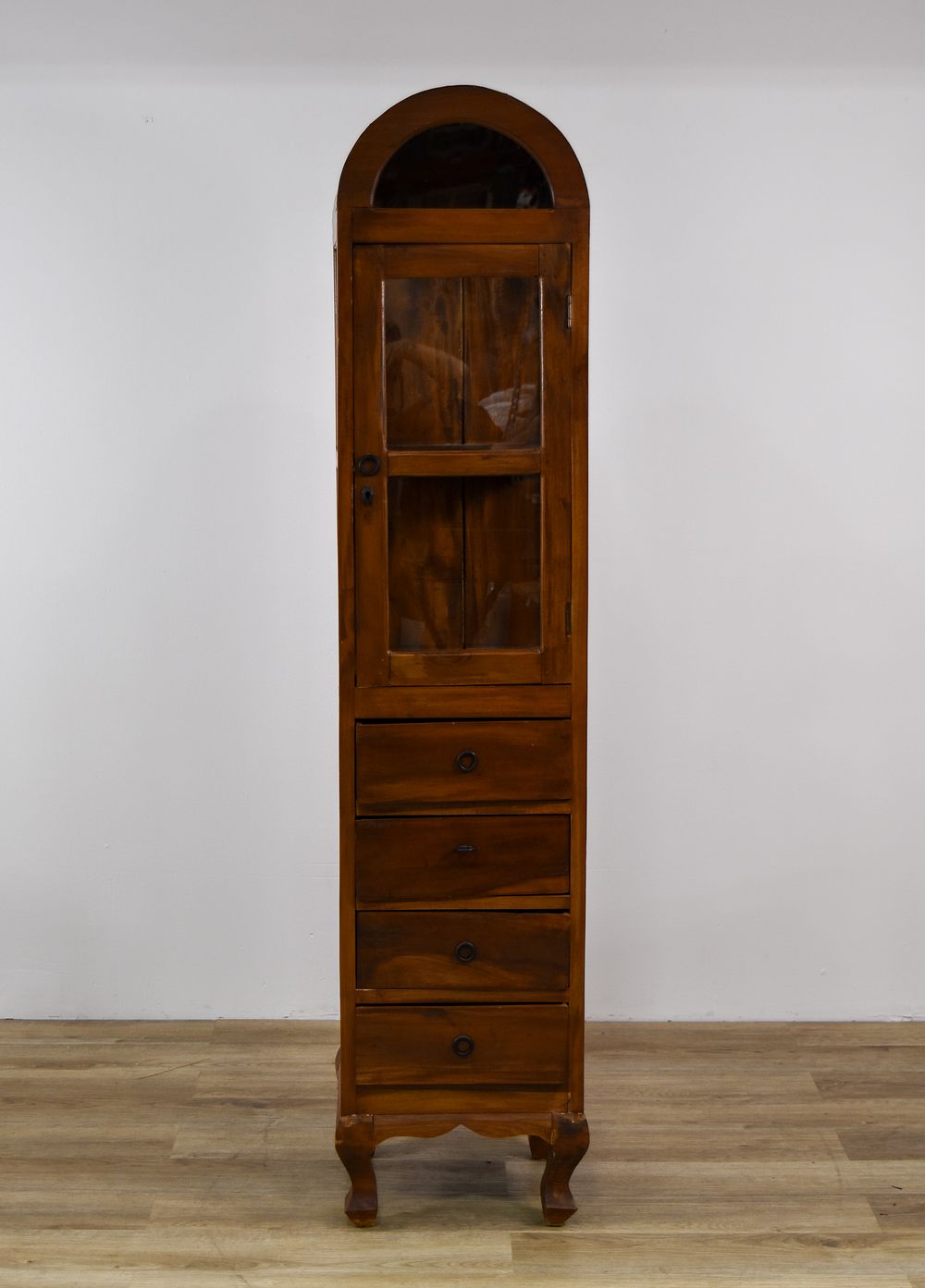 Lot 346: Slim Arched Top Wooden Display Cabinet with Four Drawers