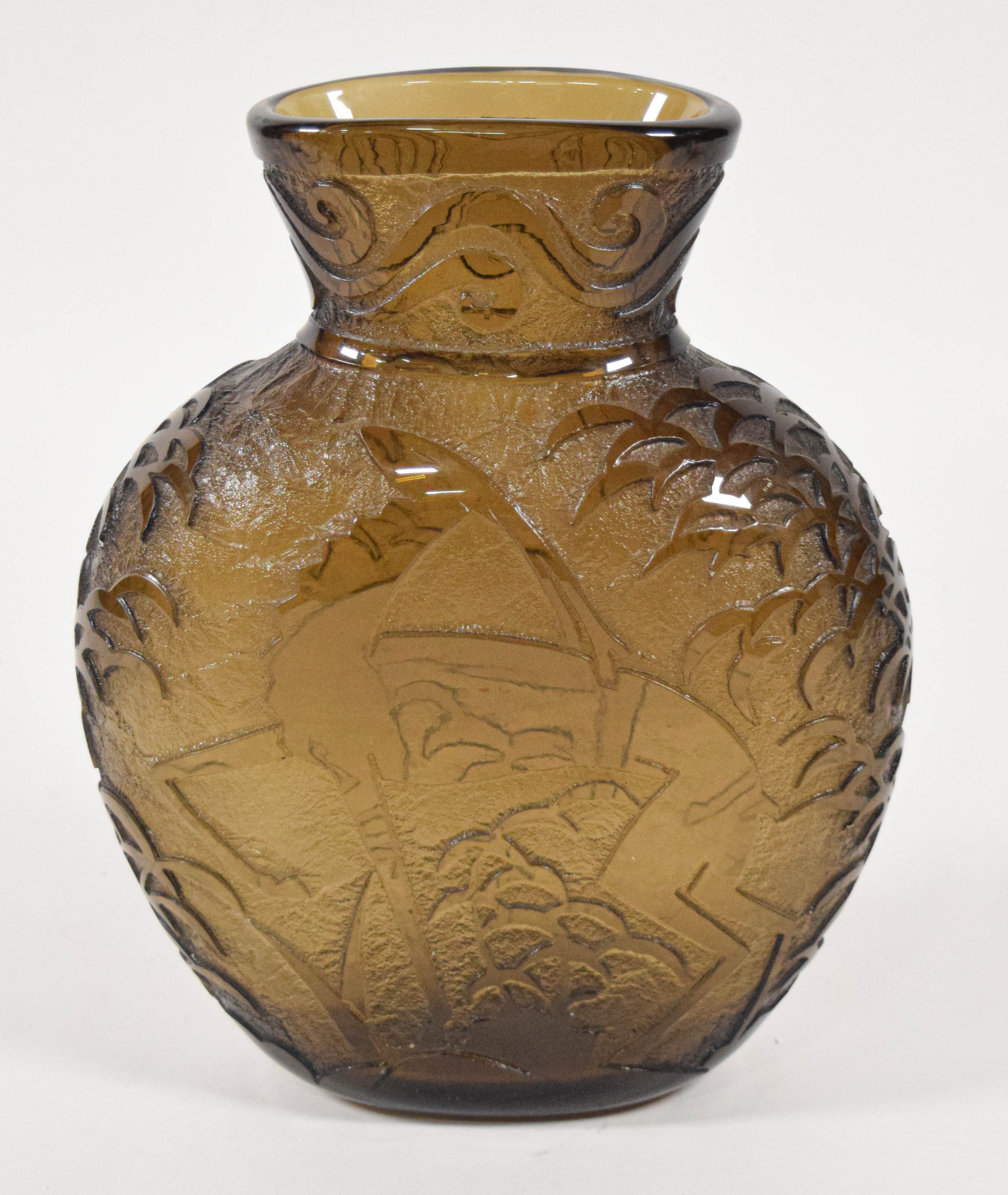 Pierre d'Avesn for Daum Nancy Art Deco Acid Etched Cameo Glass Gazelle Vase