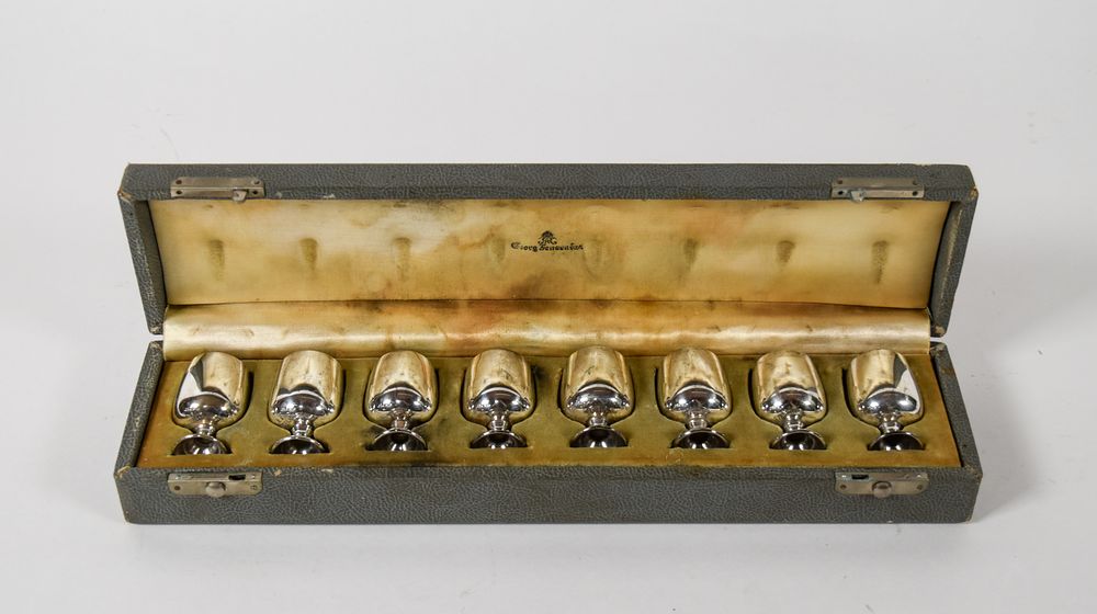 Lot 225: A Set of 8 Baldwin and Miller Sterling Silver Cordials in a Georg Jensen Case
