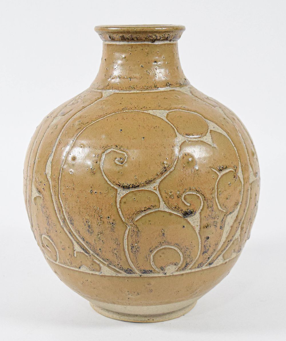 Lot 307: Large Korean Buncheong Style Stoneware Sgraffito Vase