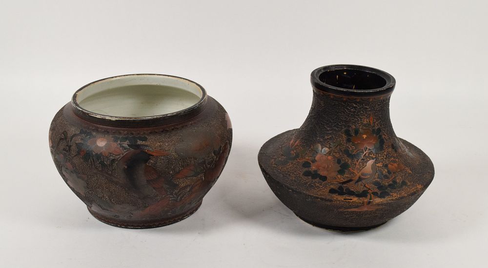 Lot 303: A Pair of Japanese Meiji Period Tozan Bark Ground Enameled Ceramic Vessels
