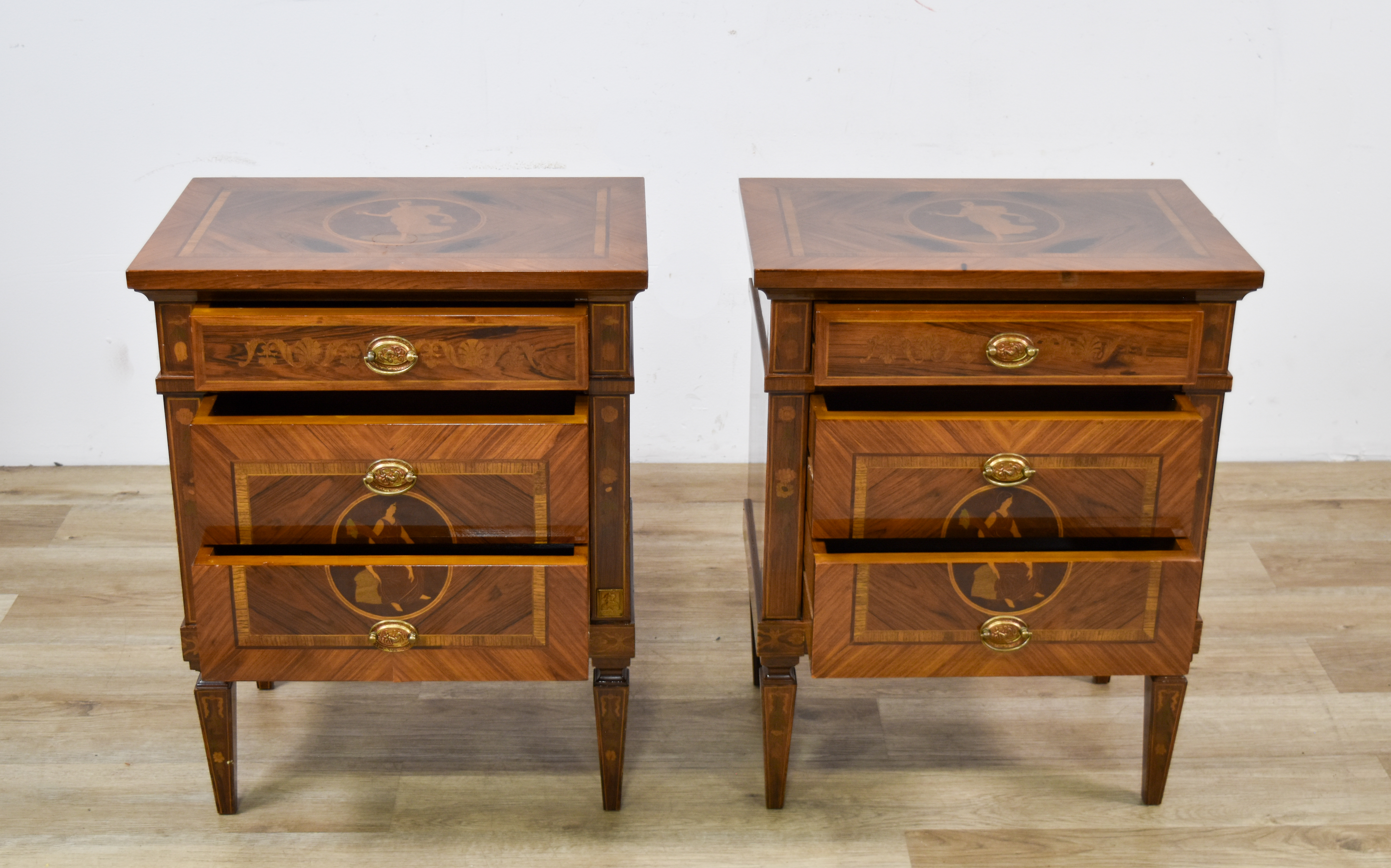 A Pair of Mastro Cappellini Louis XVI Style Marquetry Bedside Chests