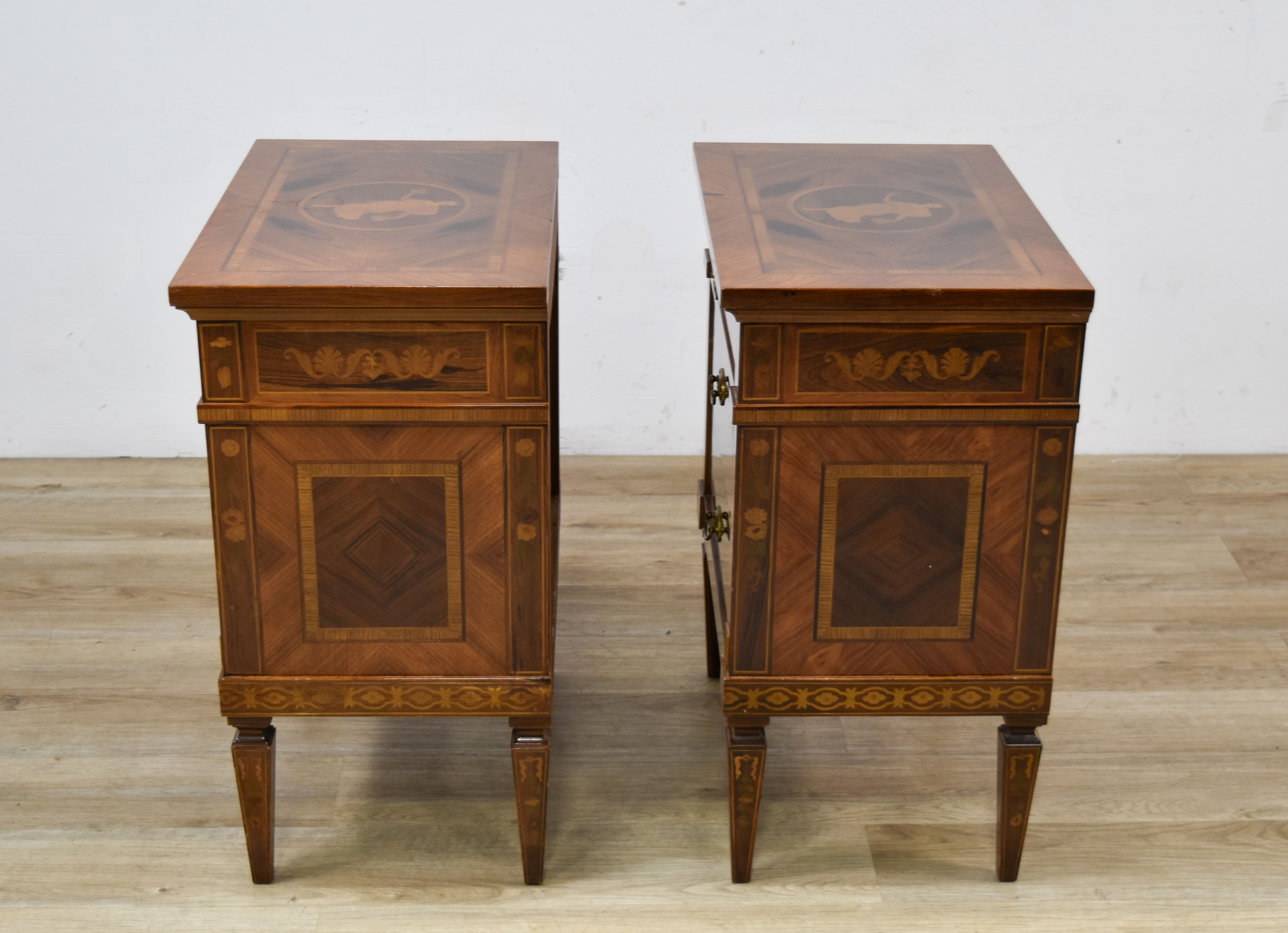 A Pair of Mastro Cappellini Louis XVI Style Marquetry Bedside Chests