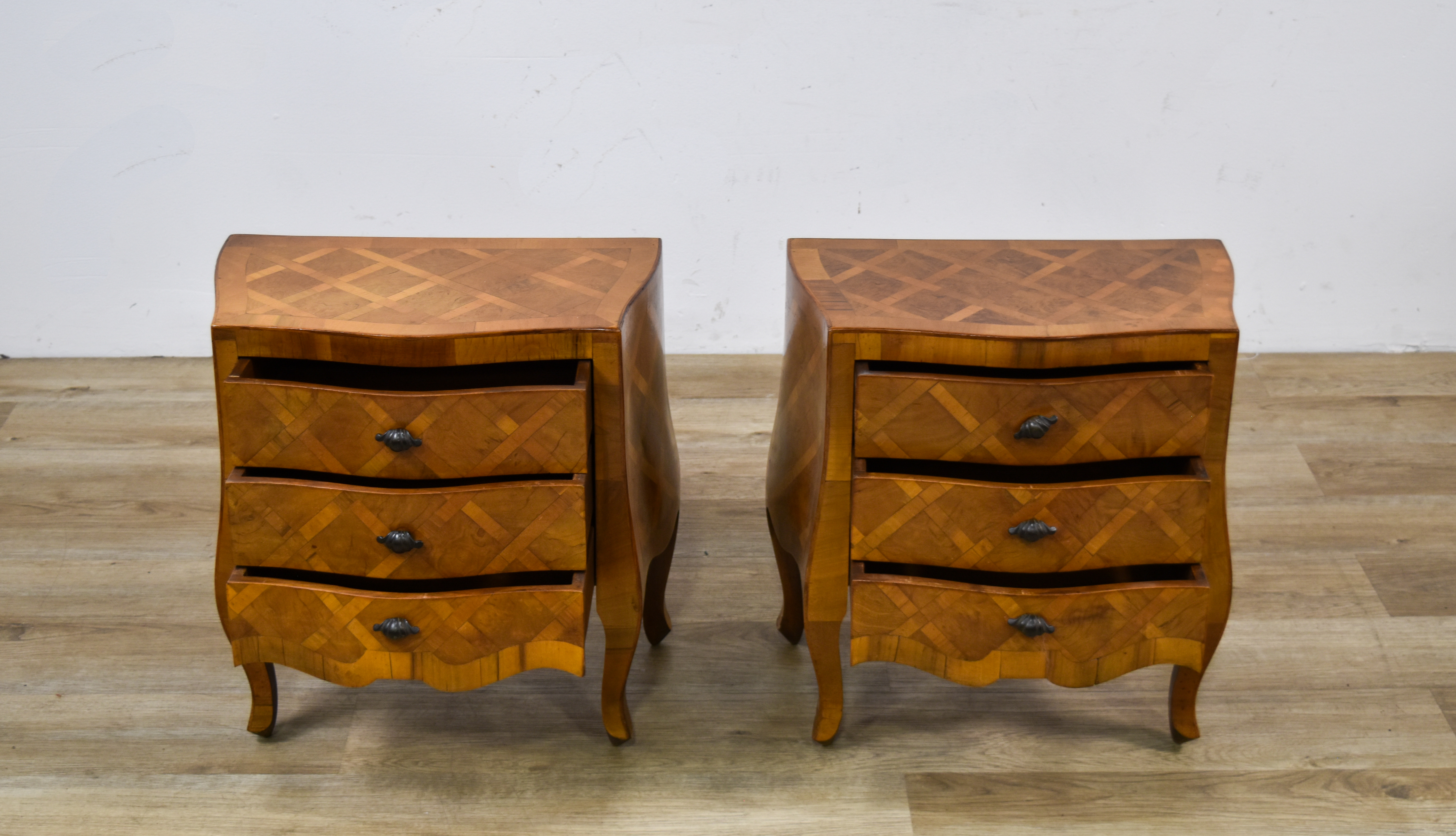 A Pair of Italian Parquetry Bombe Commodes for W&J Sloane
