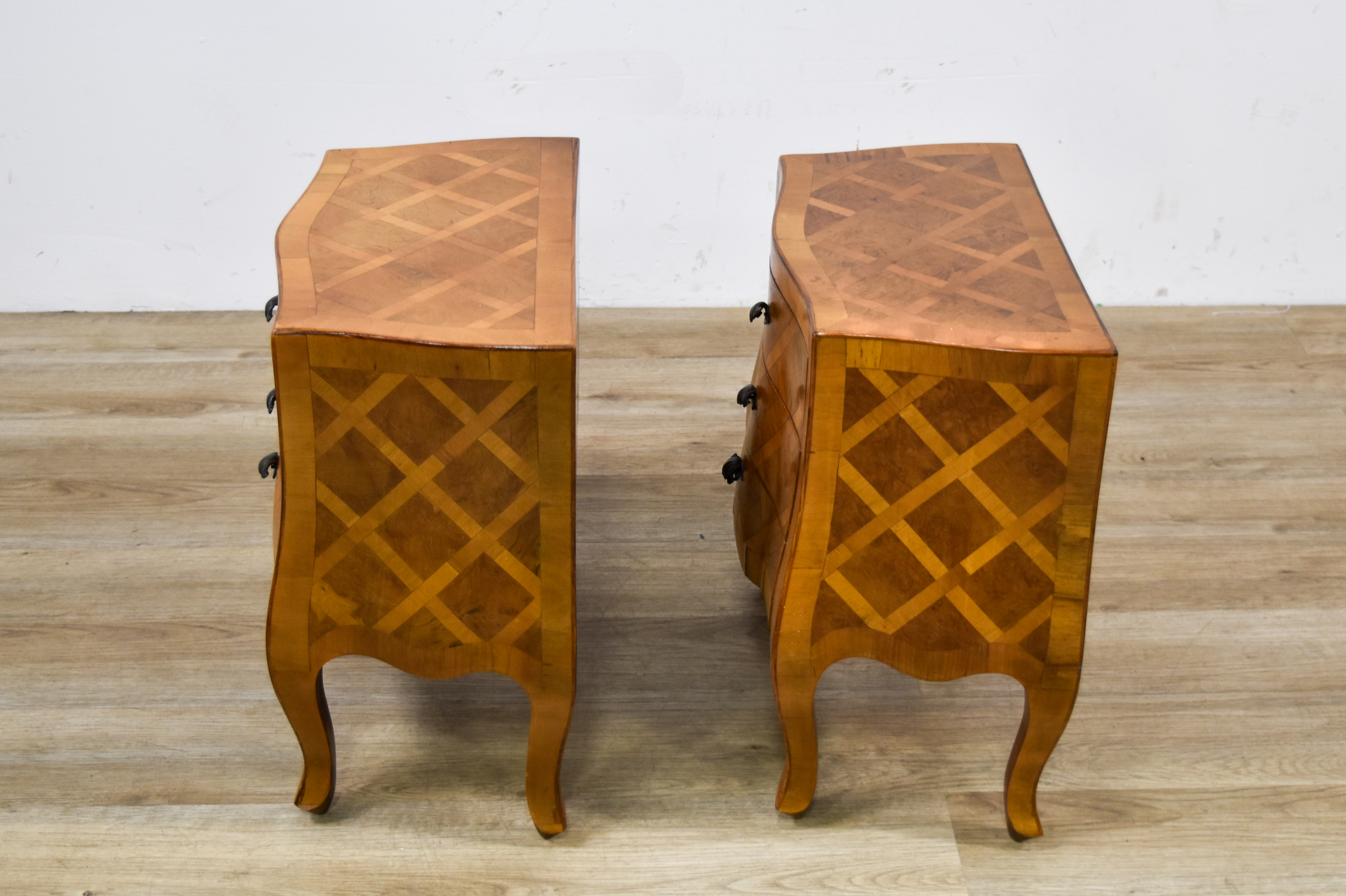 A Pair of Italian Parquetry Bombe Commodes for W&J Sloane