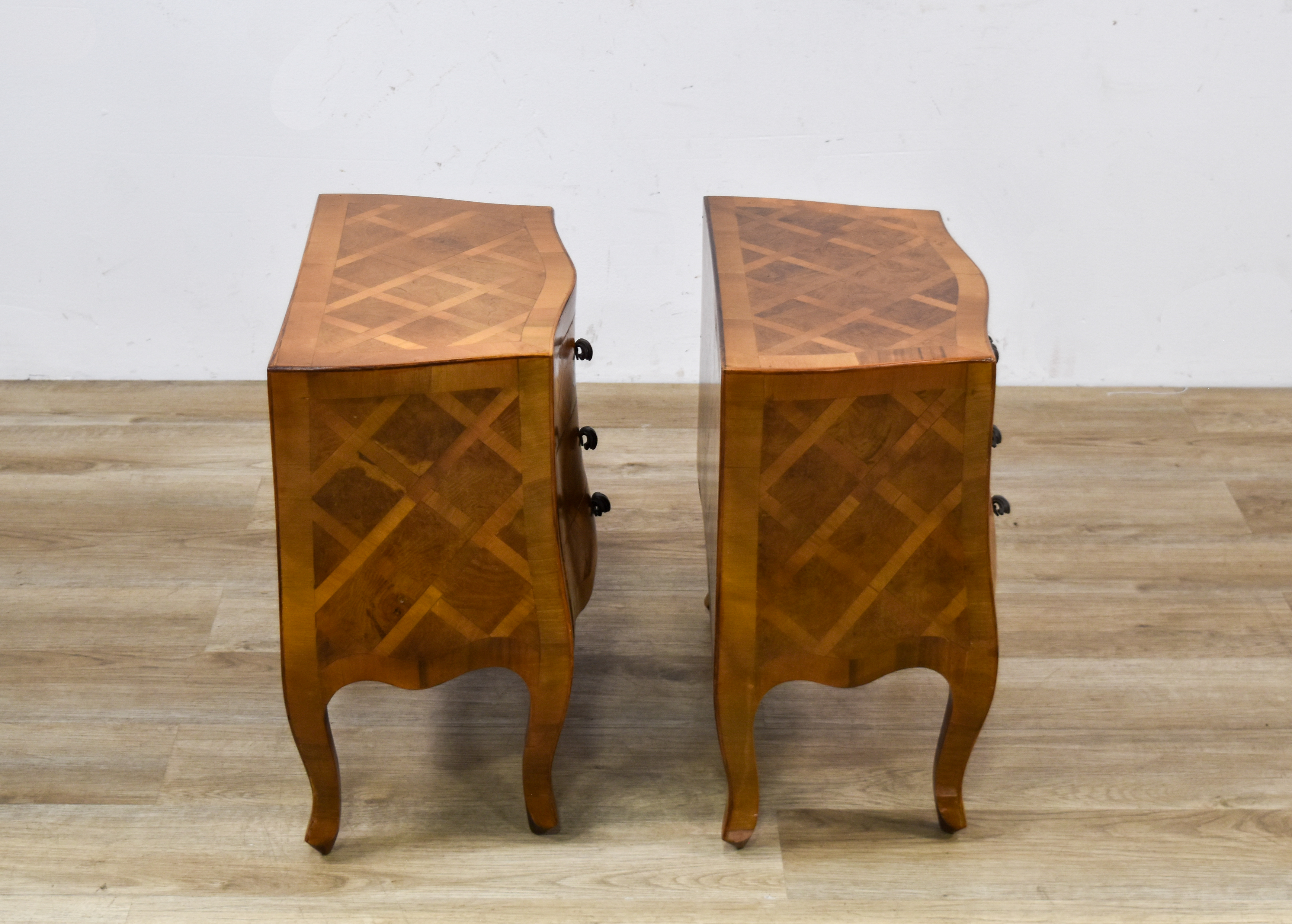 A Pair of Italian Parquetry Bombe Commodes for W&J Sloane