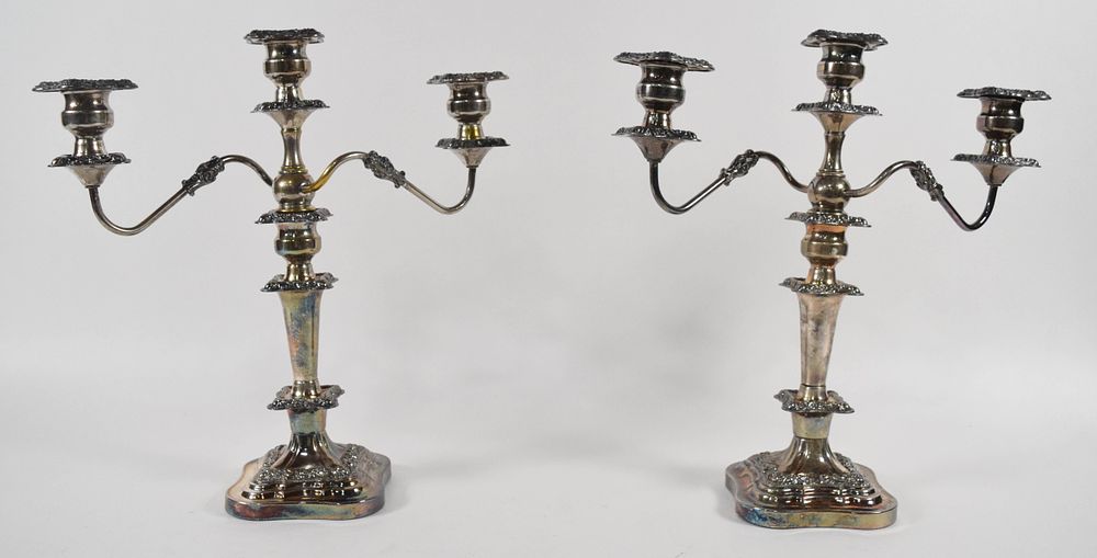 Lot 219: Pair of Large Rococo Revival Silver-on-Copper Three-Arm Candelabra