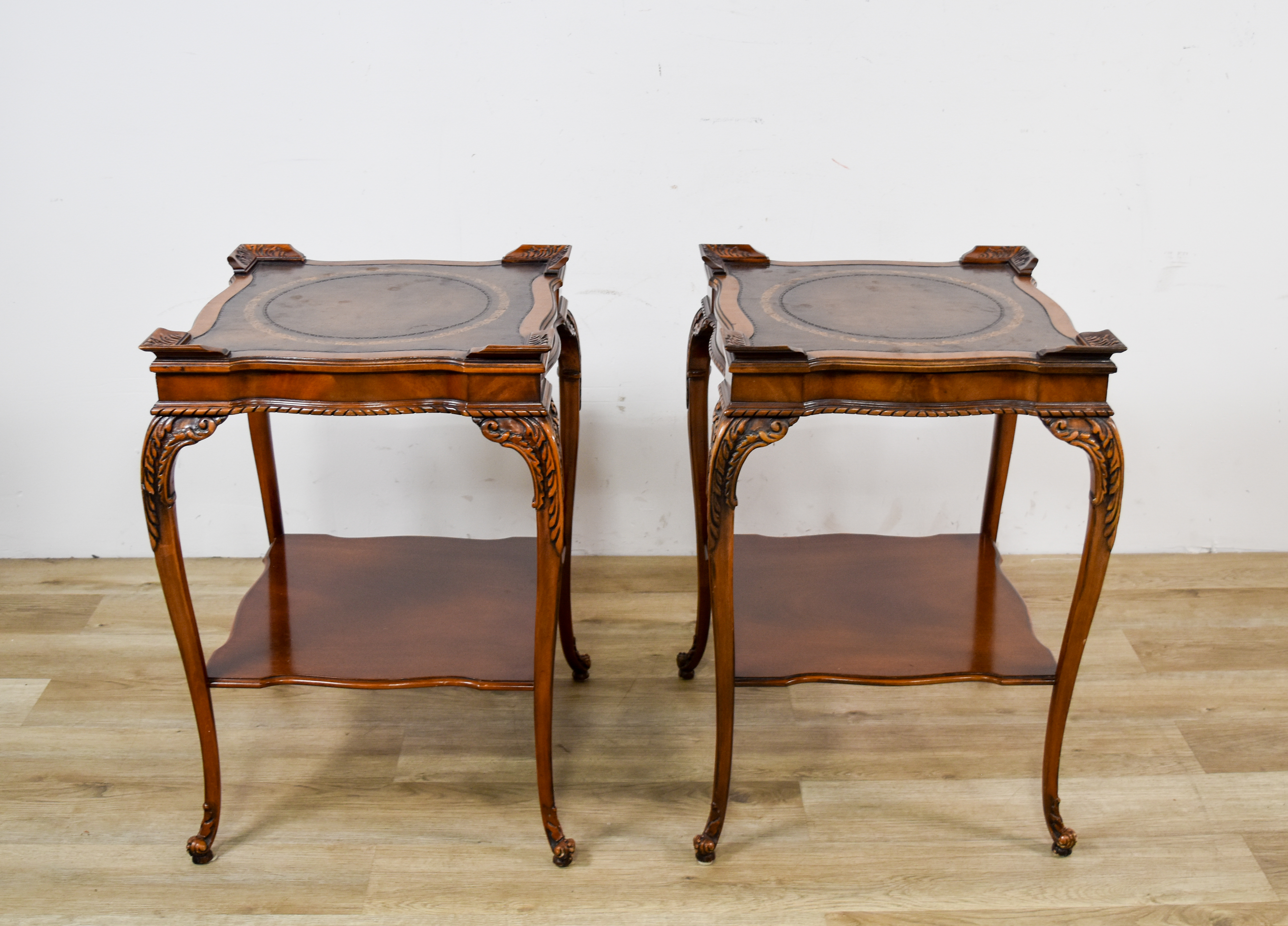 A Pair of Louis XV Style Leather-Top End Tables