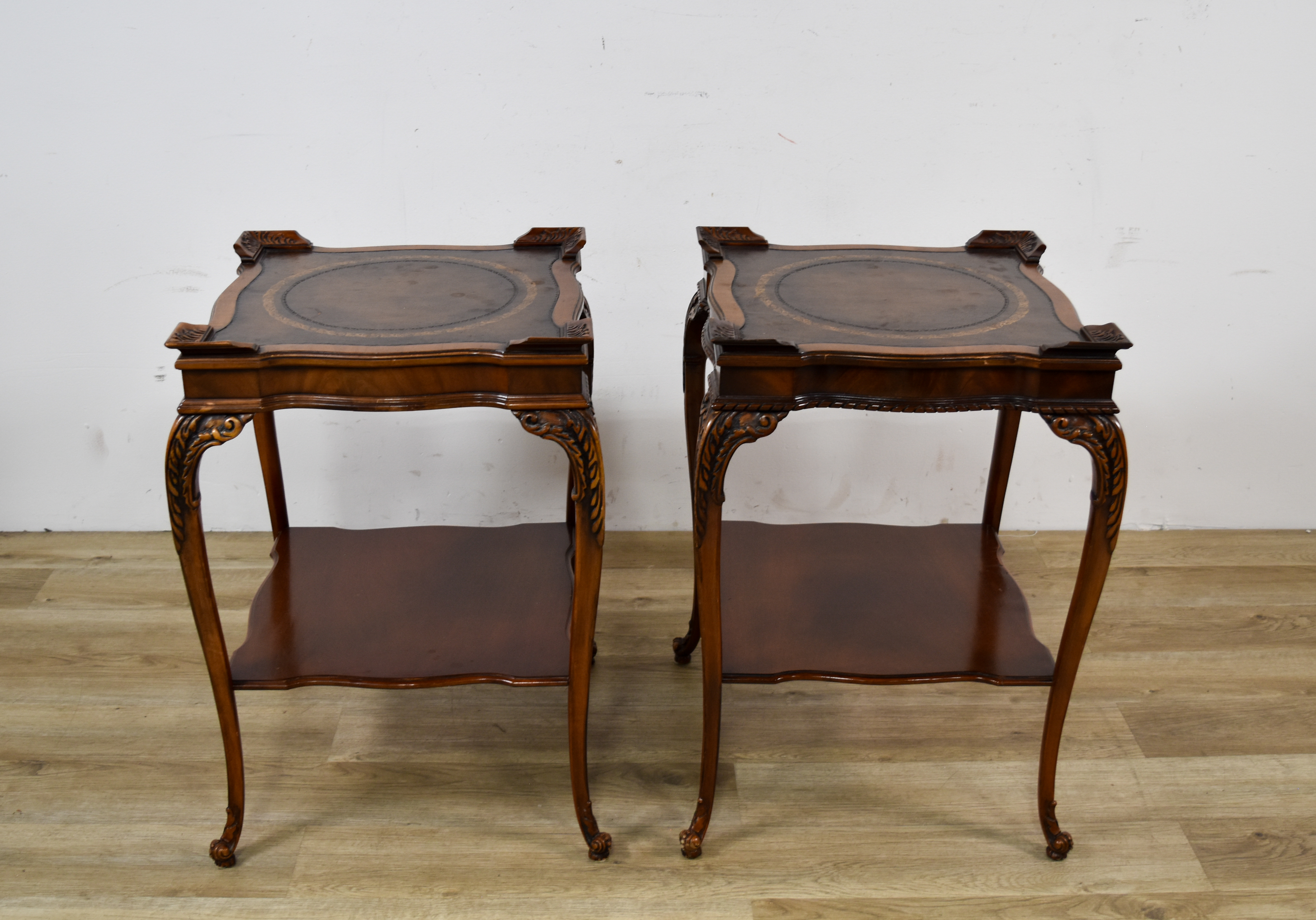 A Pair of Louis XV Style Leather-Top End Tables