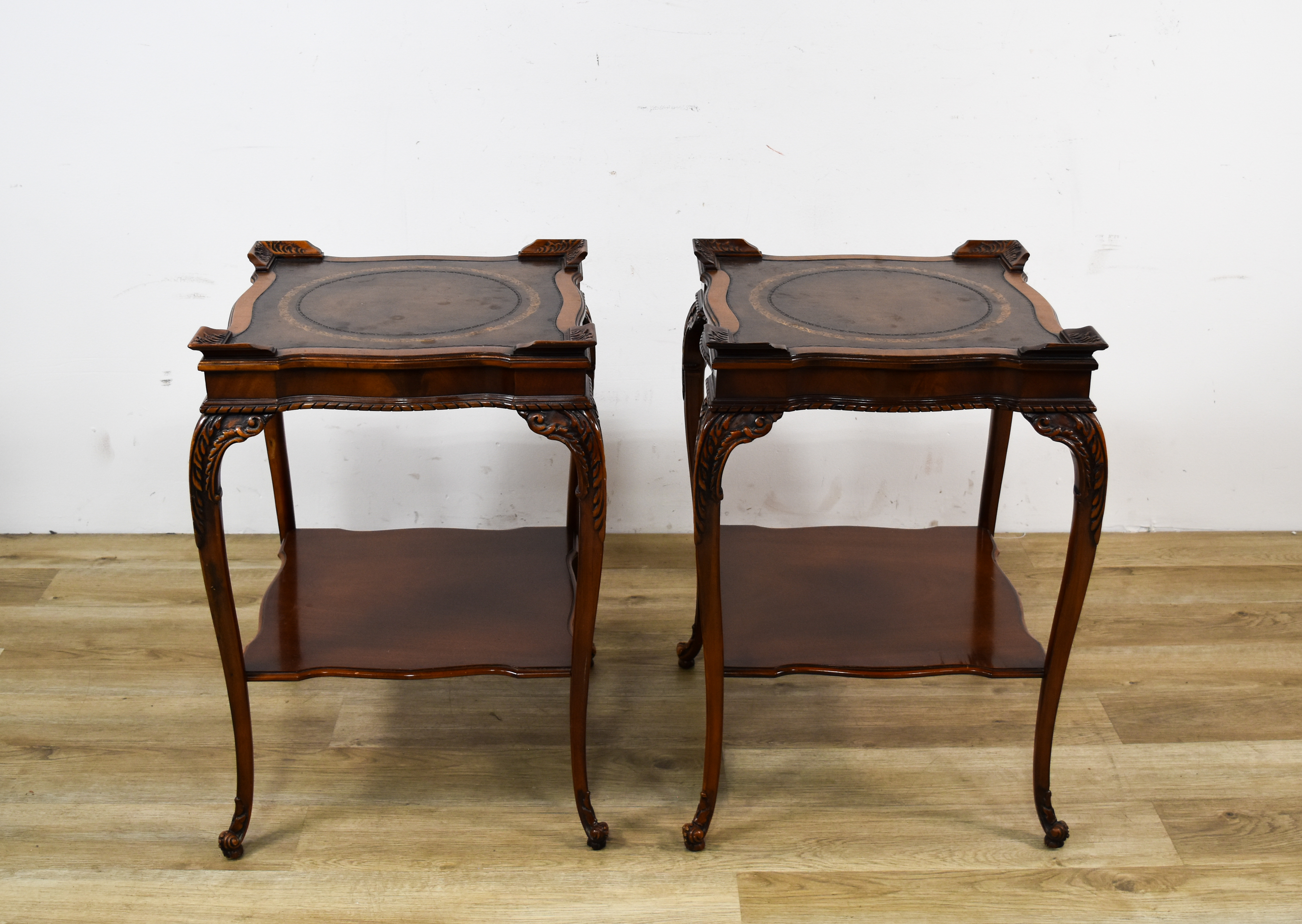 A Pair of Louis XV Style Leather-Top End Tables
