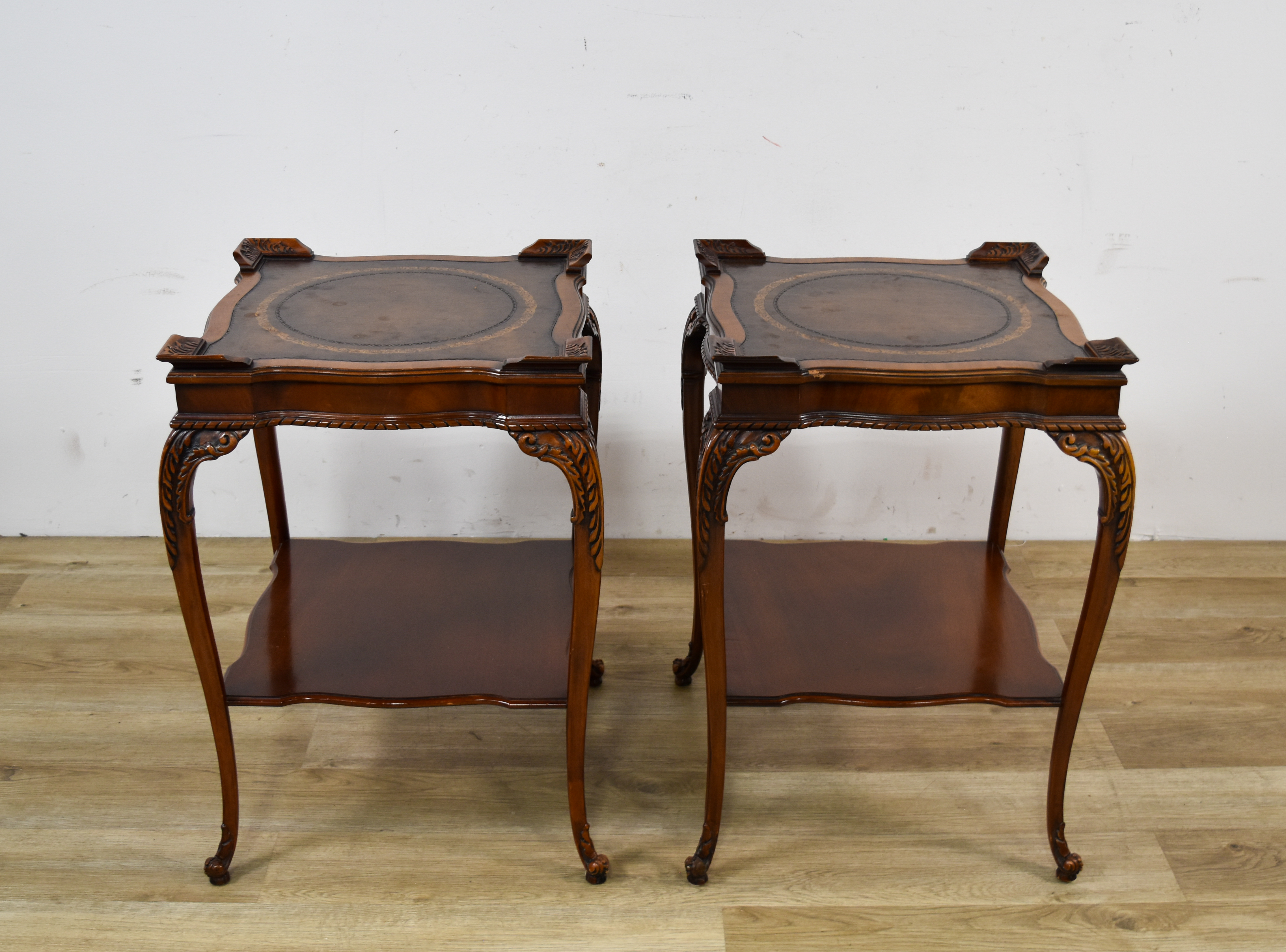 A Pair of Louis XV Style Leather-Top End Tables