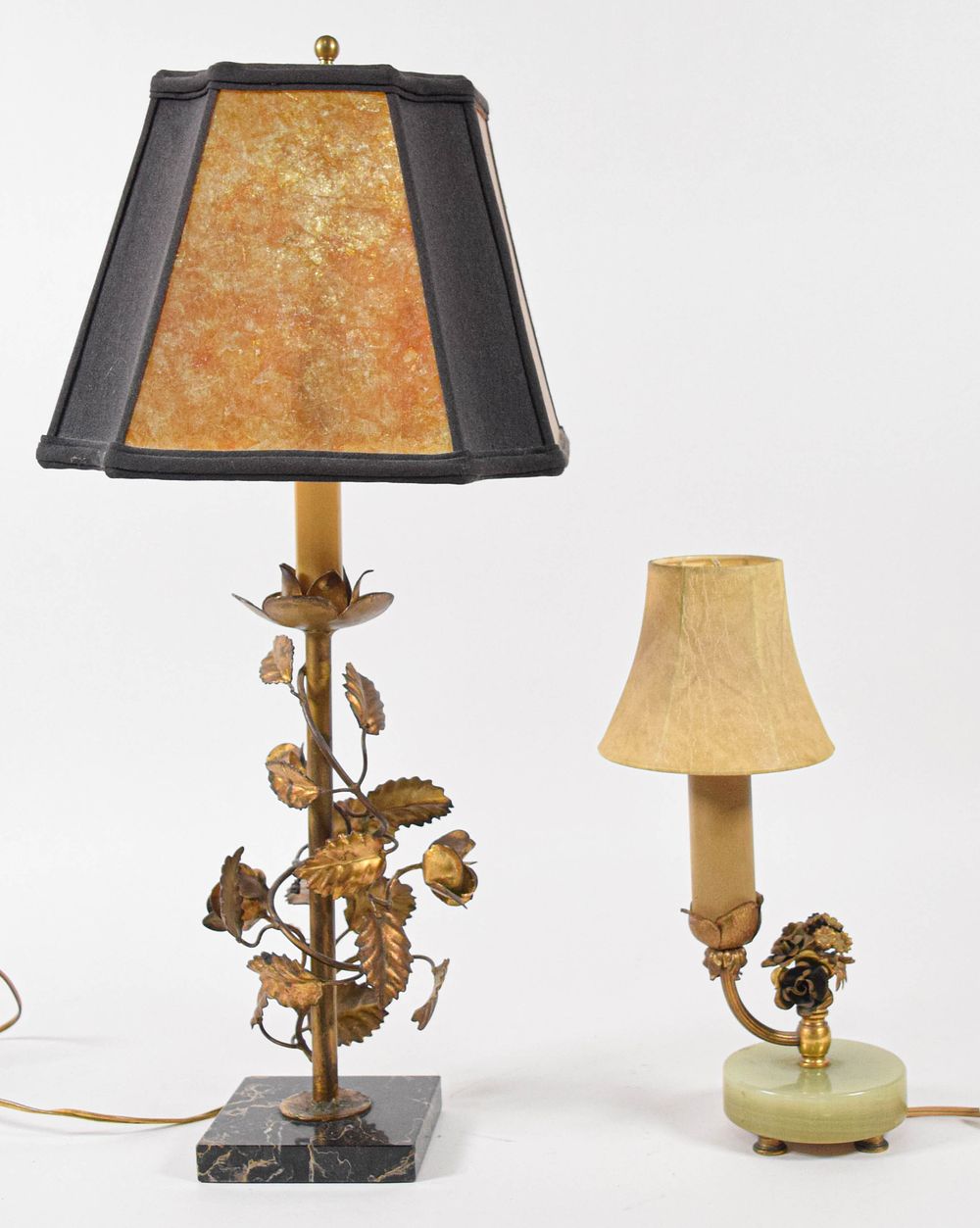 Lot 152: Set of 2 Gilt Metal Floral Table Lamps with Stone Bases