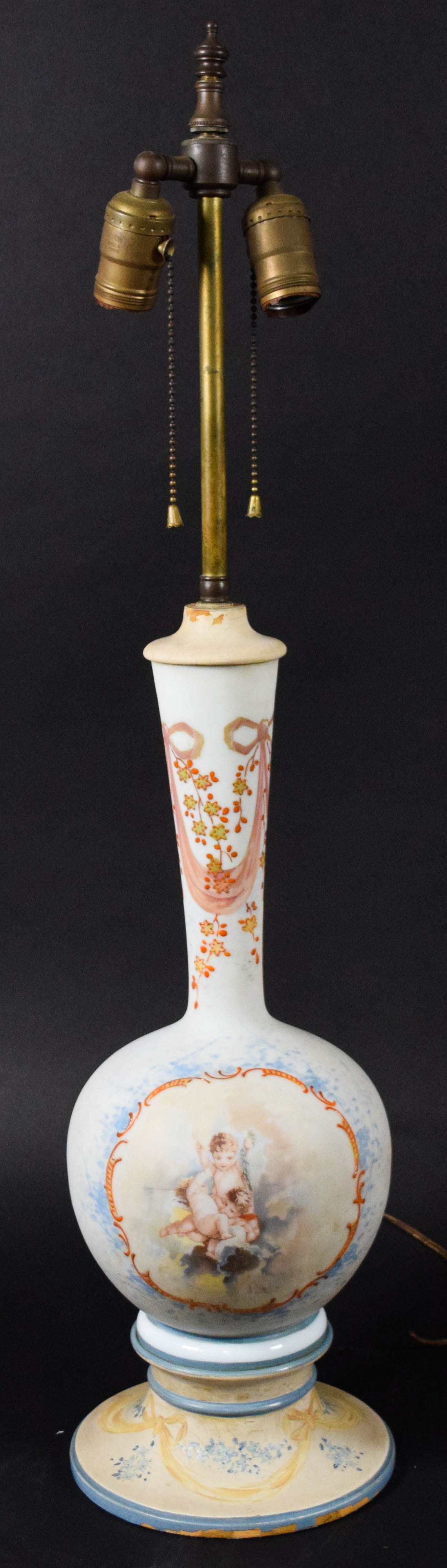A Pair of Neoclassical Style Porcelain Vase Form Table Lamps with Cherub Decoration