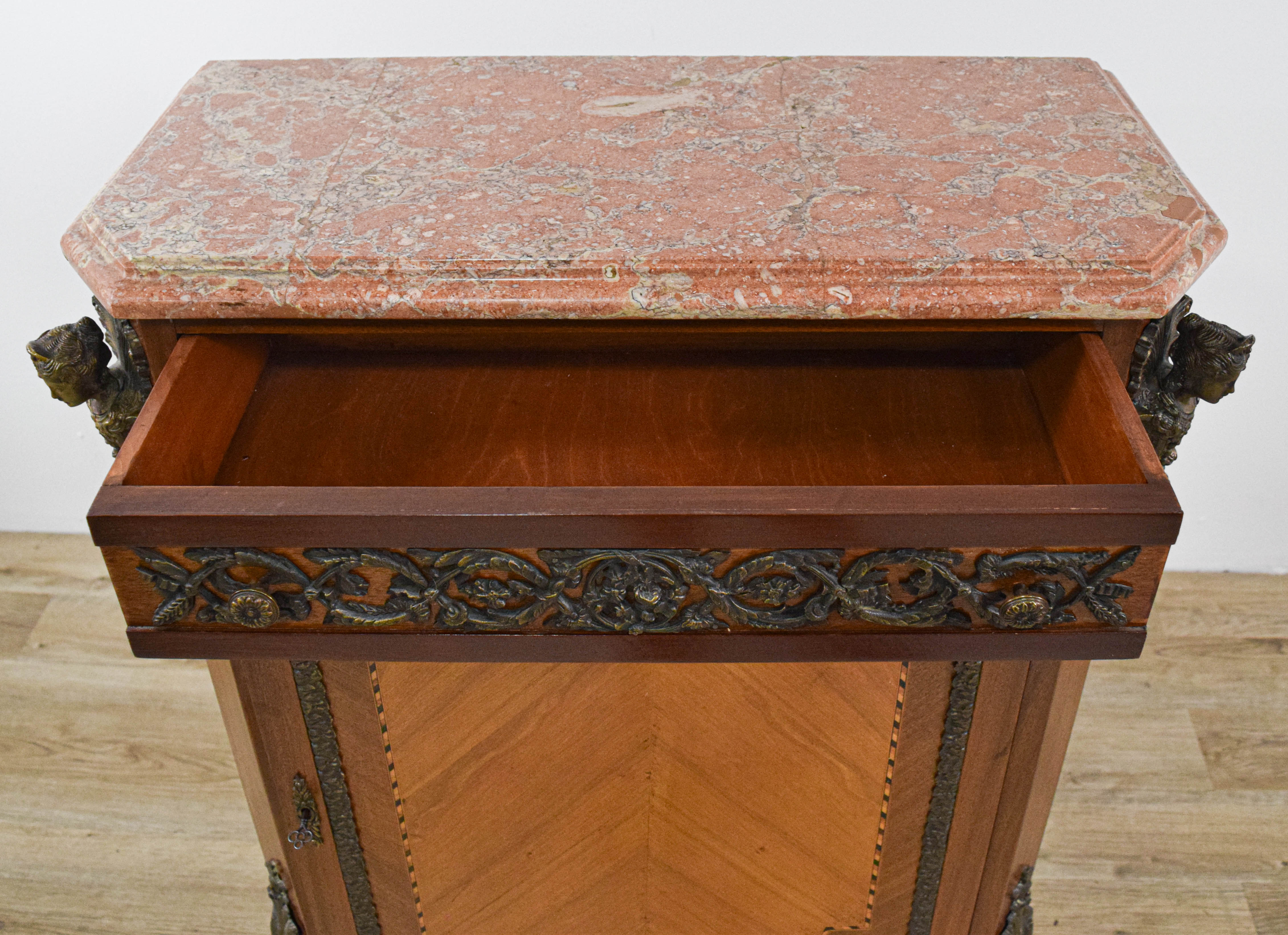 Napoleon III Style Marquetry and Marble Top Side Cabinet