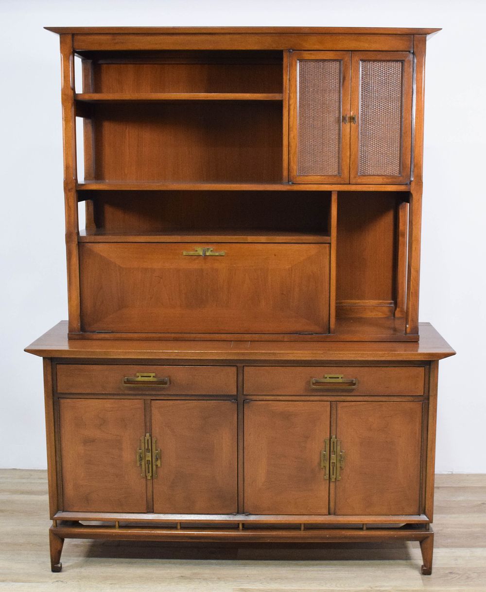 Lot 344: Mid-Century Modern White Furniture Company Walnut Buffet and China Top Hutch