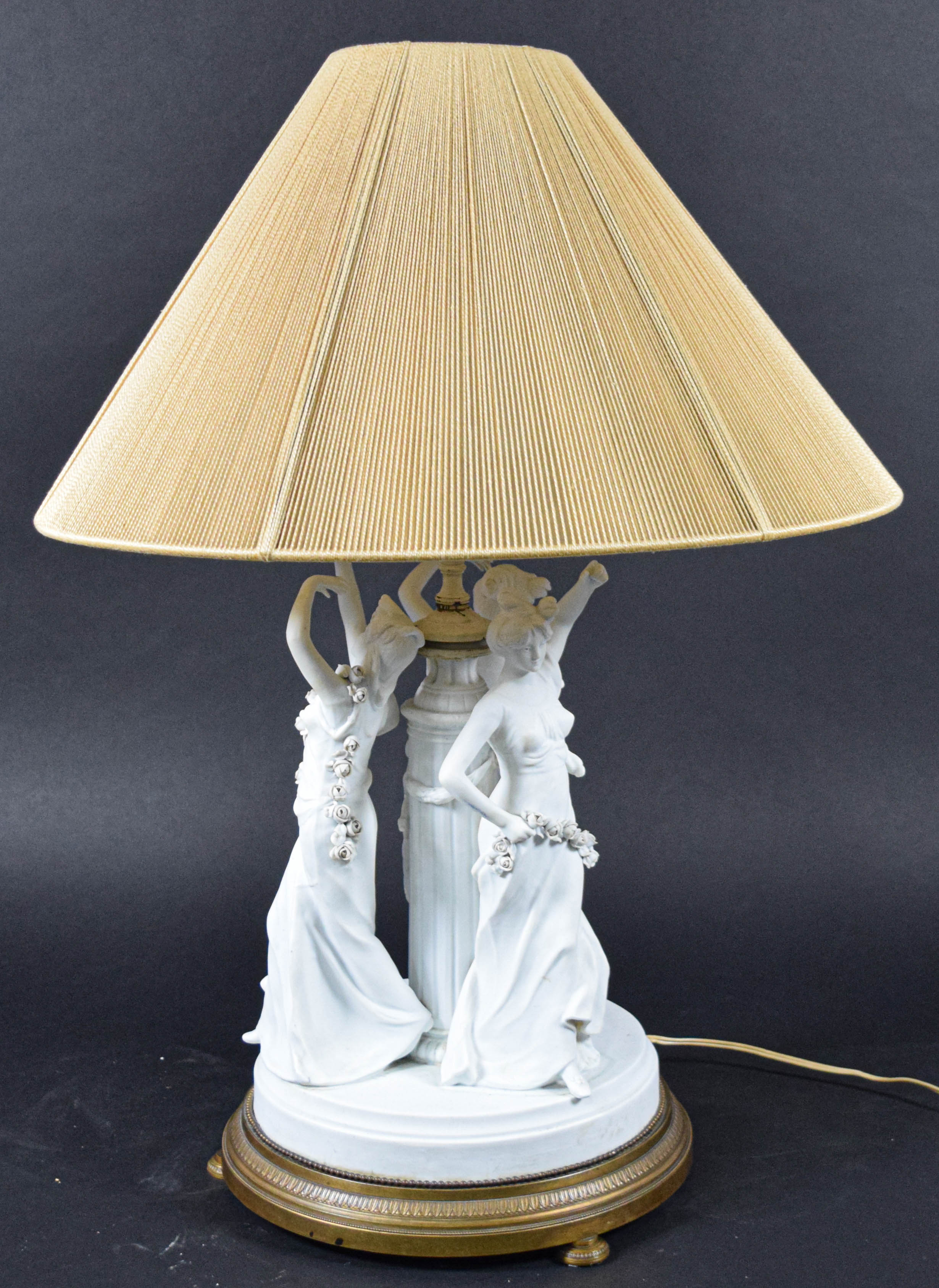 Large Art Nouveau Style Bisque Porcelain Figural Table Lamp