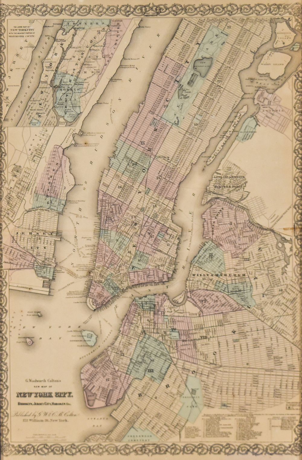 Lot 174: Colton, G.W. New Map of New York City, Brooklyn, Jersey City, Hoboken Etc. G.W. & C.B. Colton, 1865
