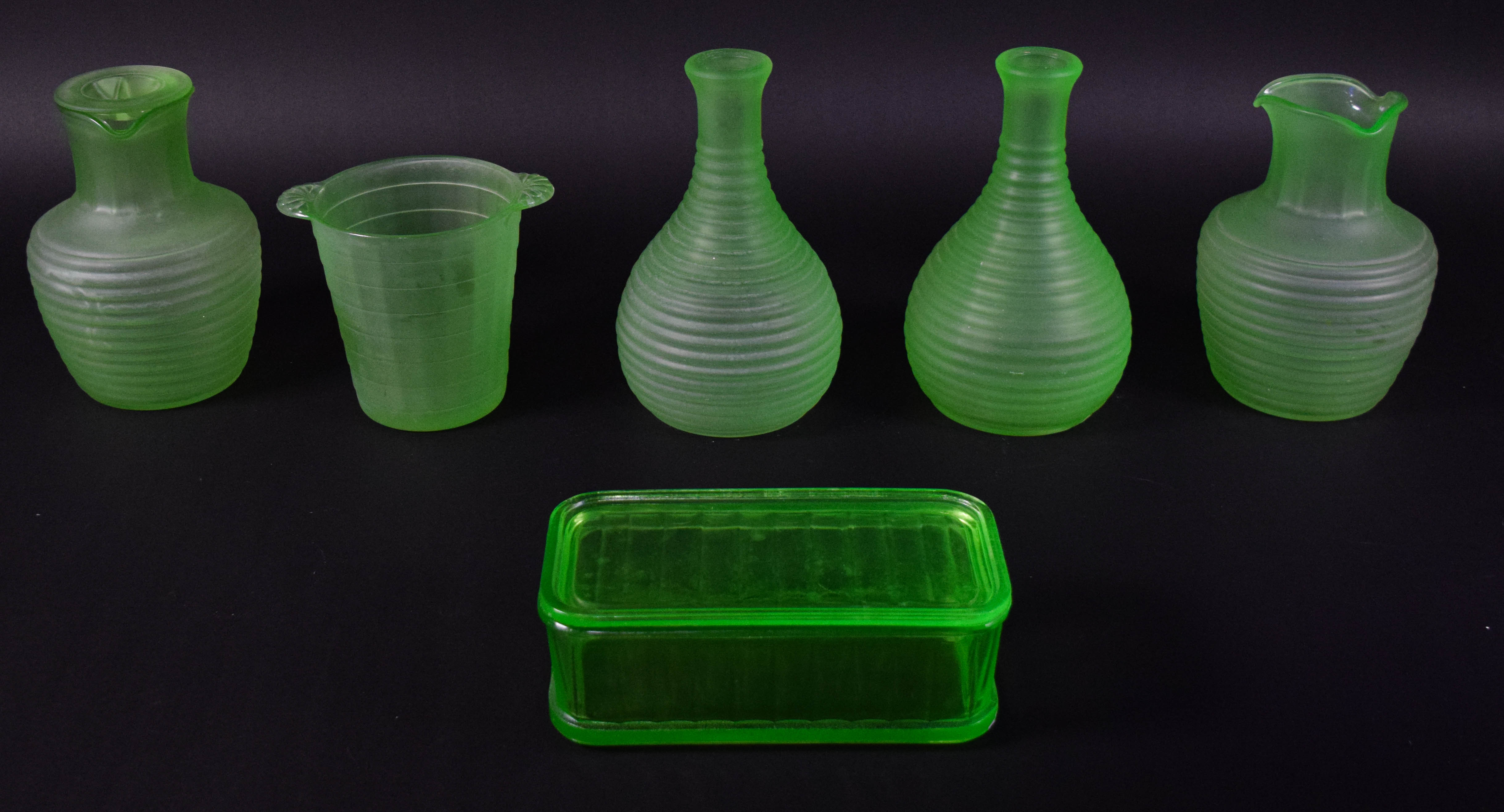 Group of 6 Frigidaire Uranium Glass Refrigerator Ware Items