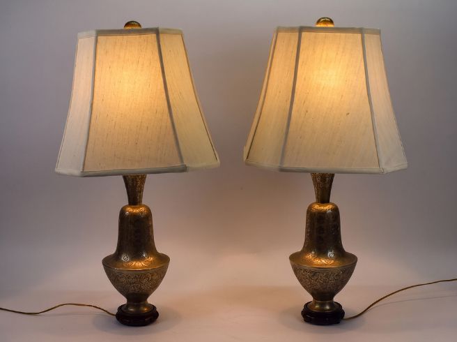 Lot 298: A Pair of Anglo-Indian Style Etched Two-Tone Brass Table Lamps