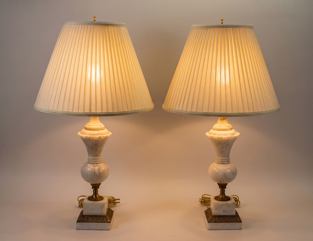 A Pair of Neoclassical Carved Alabaster Table Lamps