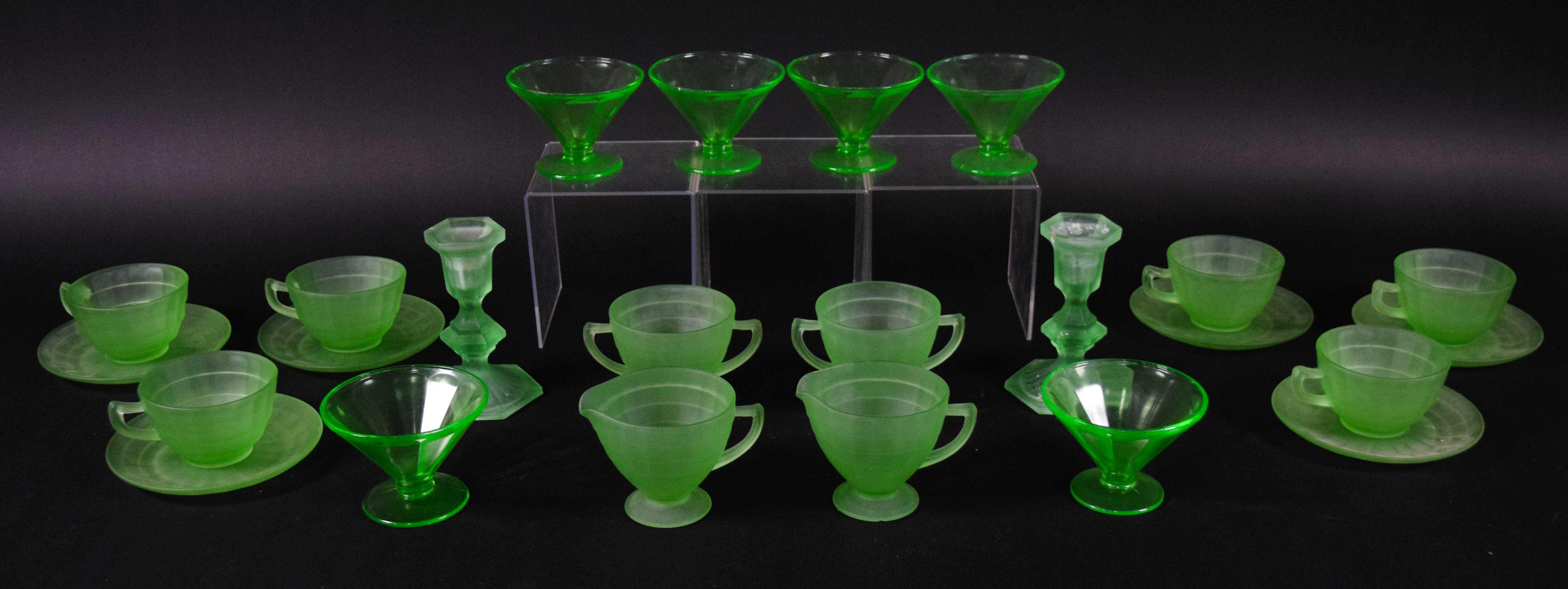 Collection of 20+ Pieces of Uranium Glass and Frosted Green Depression Glass Tableware