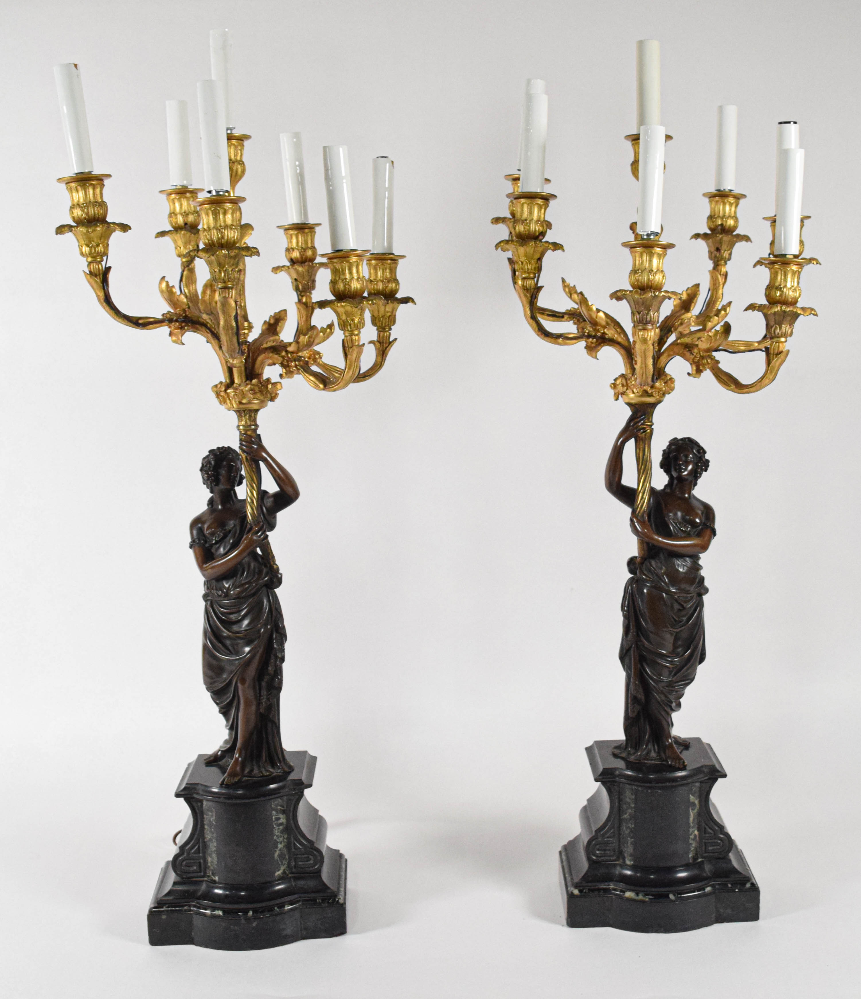 After Francois Rémond, Pair of French Neoclassical Style Gilt and Patinated Bronze Candelabra Lamps