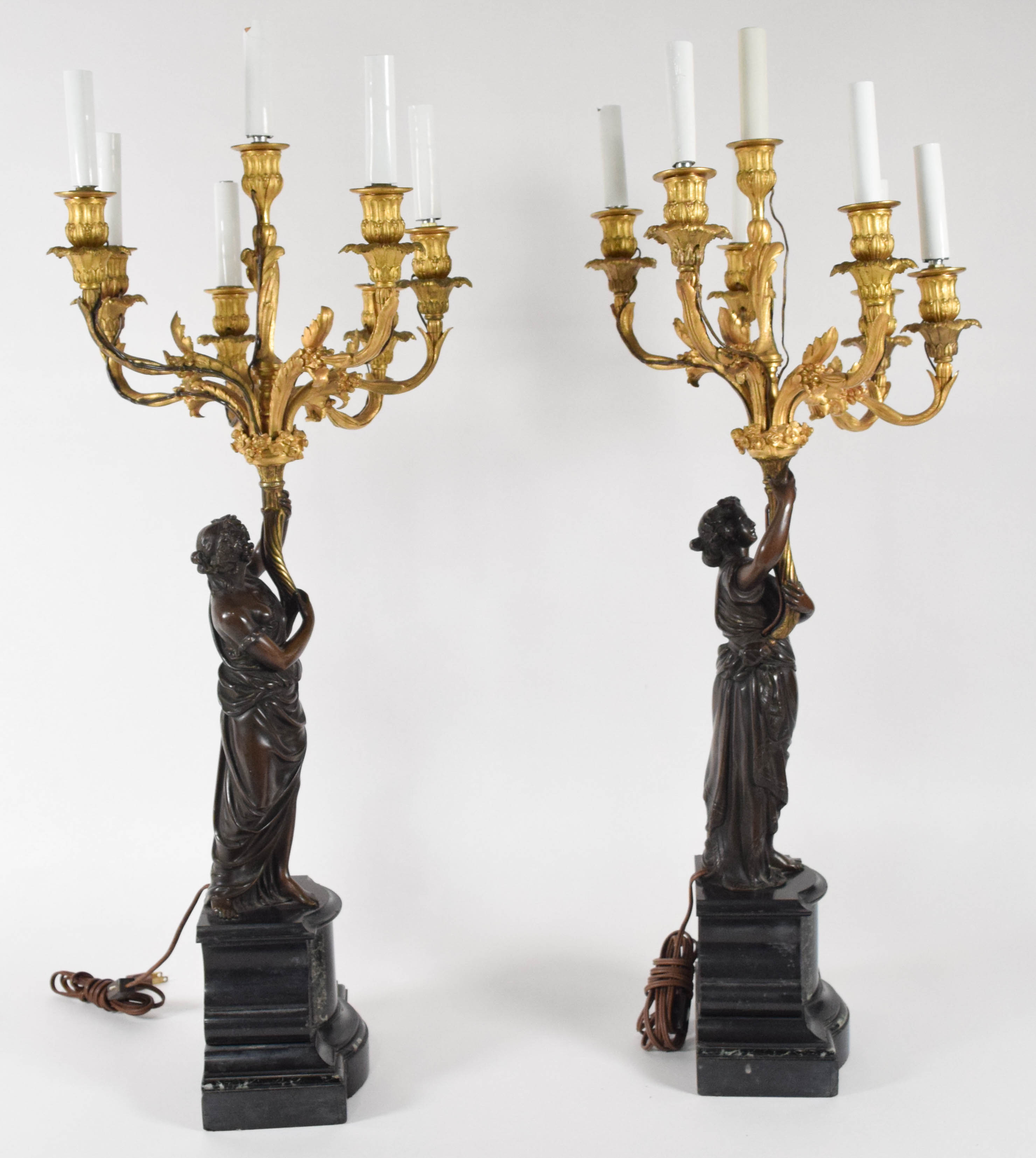 After Francois Rémond, Pair of French Neoclassical Style Gilt and Patinated Bronze Candelabra Lamps