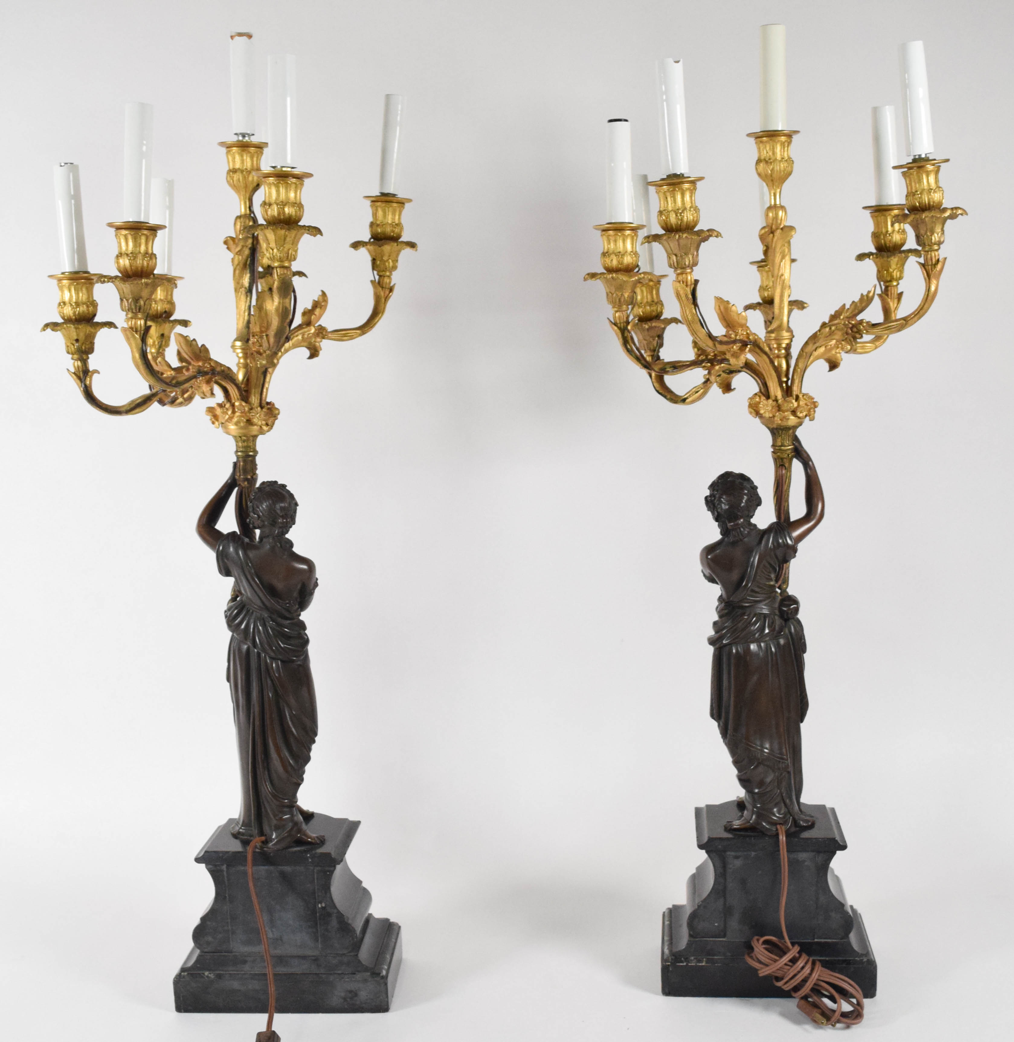 After Francois Rémond, Pair of French Neoclassical Style Gilt and Patinated Bronze Candelabra Lamps