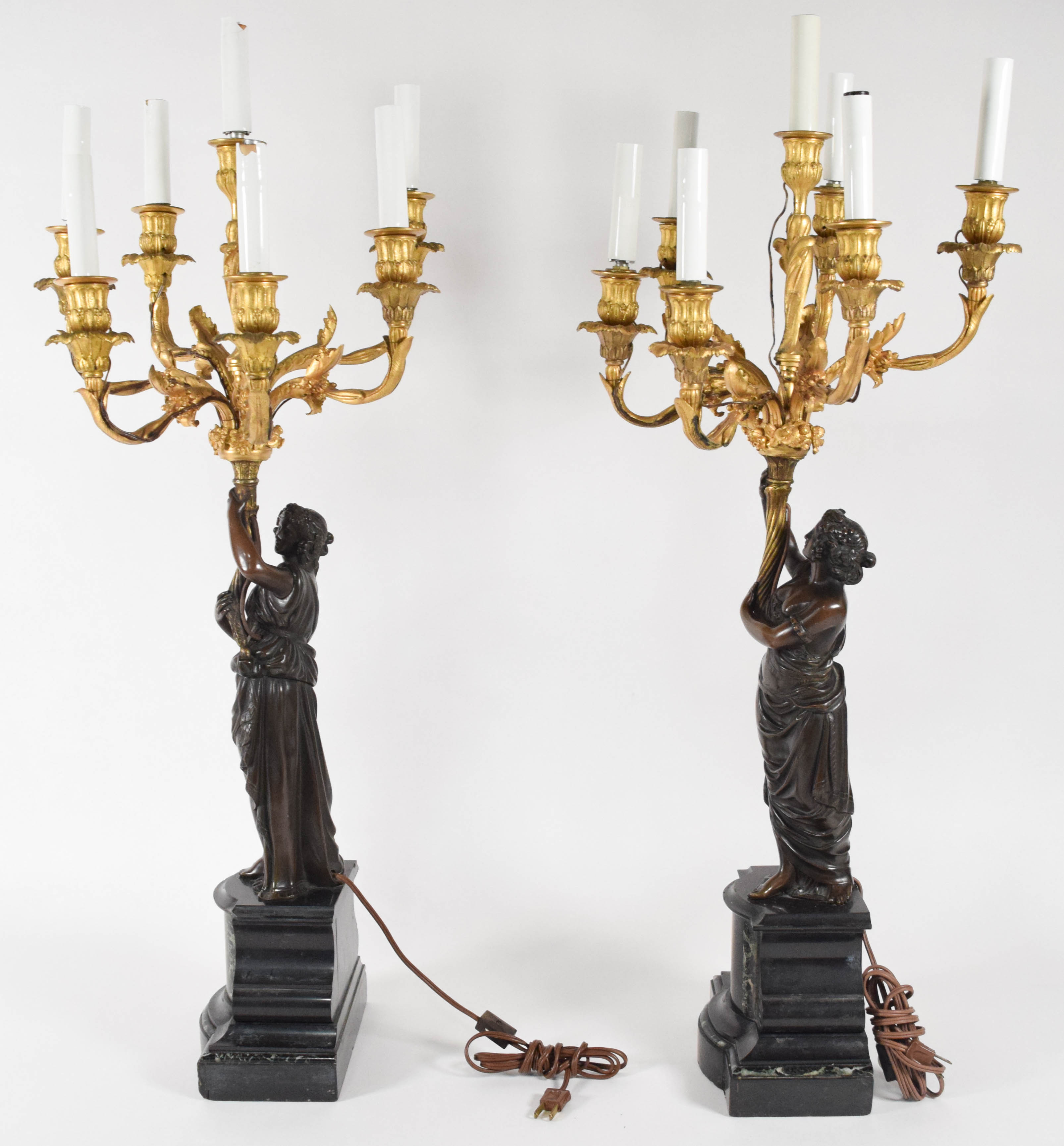 After Francois Rémond, Pair of French Neoclassical Style Gilt and Patinated Bronze Candelabra Lamps