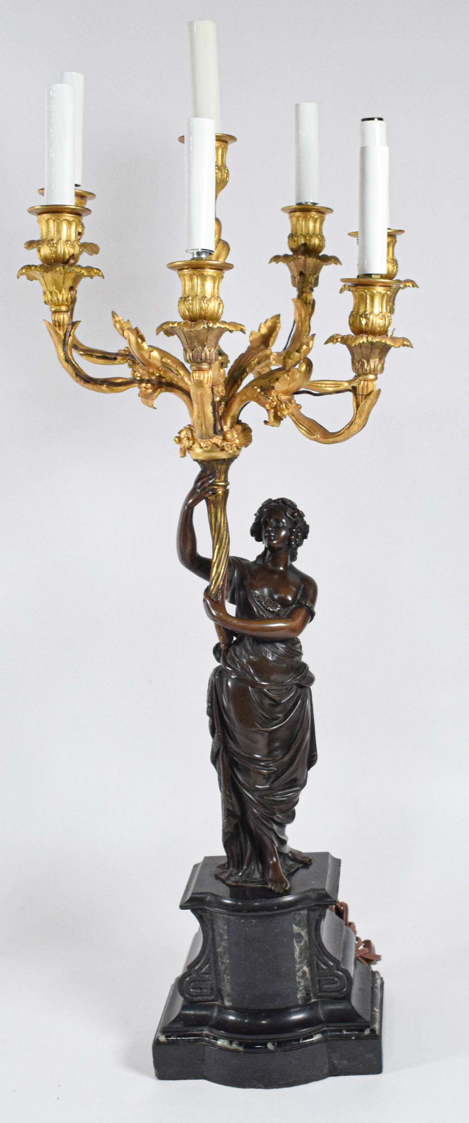 After Francois Rémond, Pair of French Neoclassical Style Gilt and Patinated Bronze Candelabra Lamps