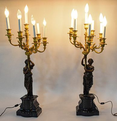 After Francois R&eacute;mond, Pair of French Neoclassical Style Gilt and Patinated Bronze Candelabra Lamps
