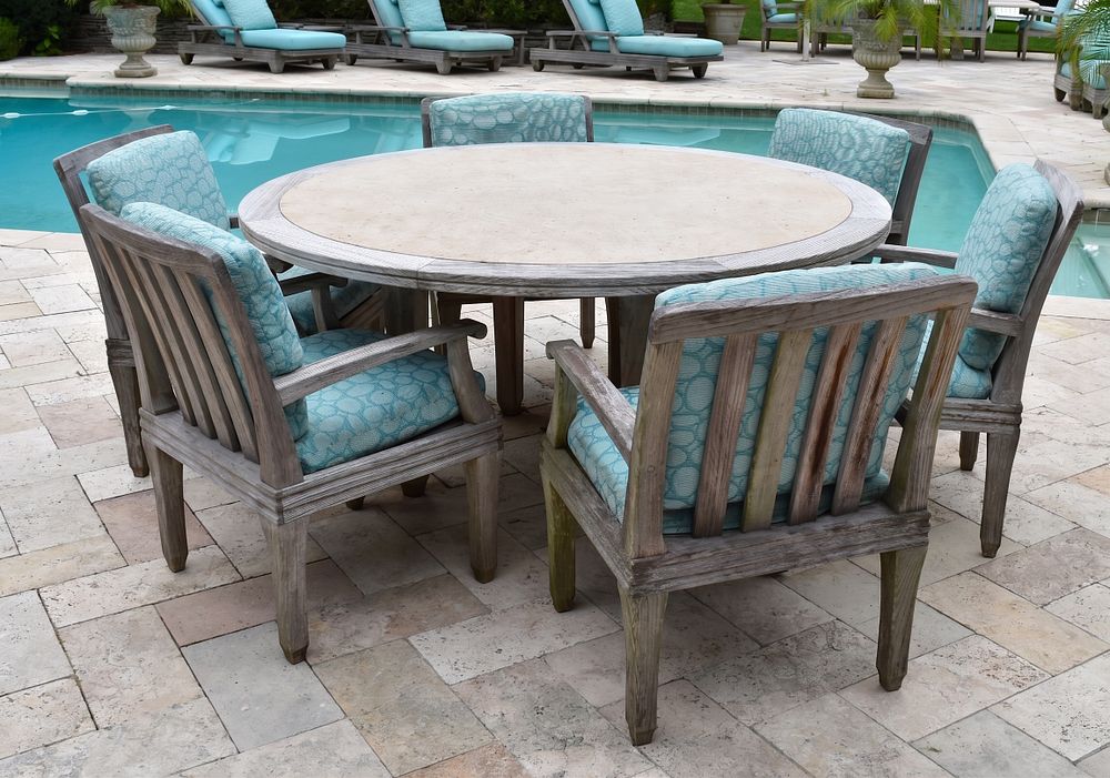 Lot 12942: Teak and Stone Patio Dining Suite with Giati Armchairs