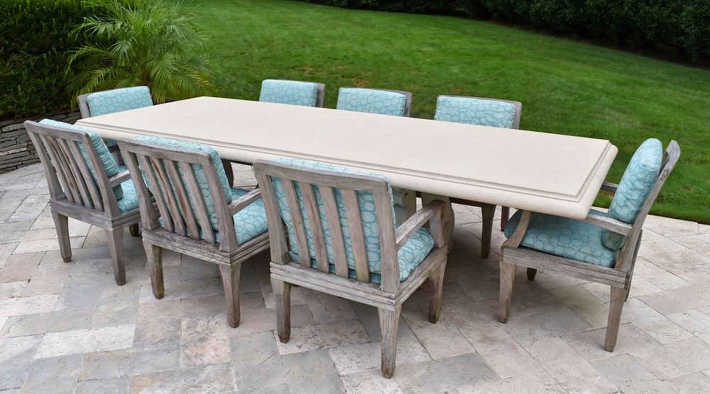 Lot 12957: Teak and Stone Outdoor Dining Suite Incl Giati Armchairs