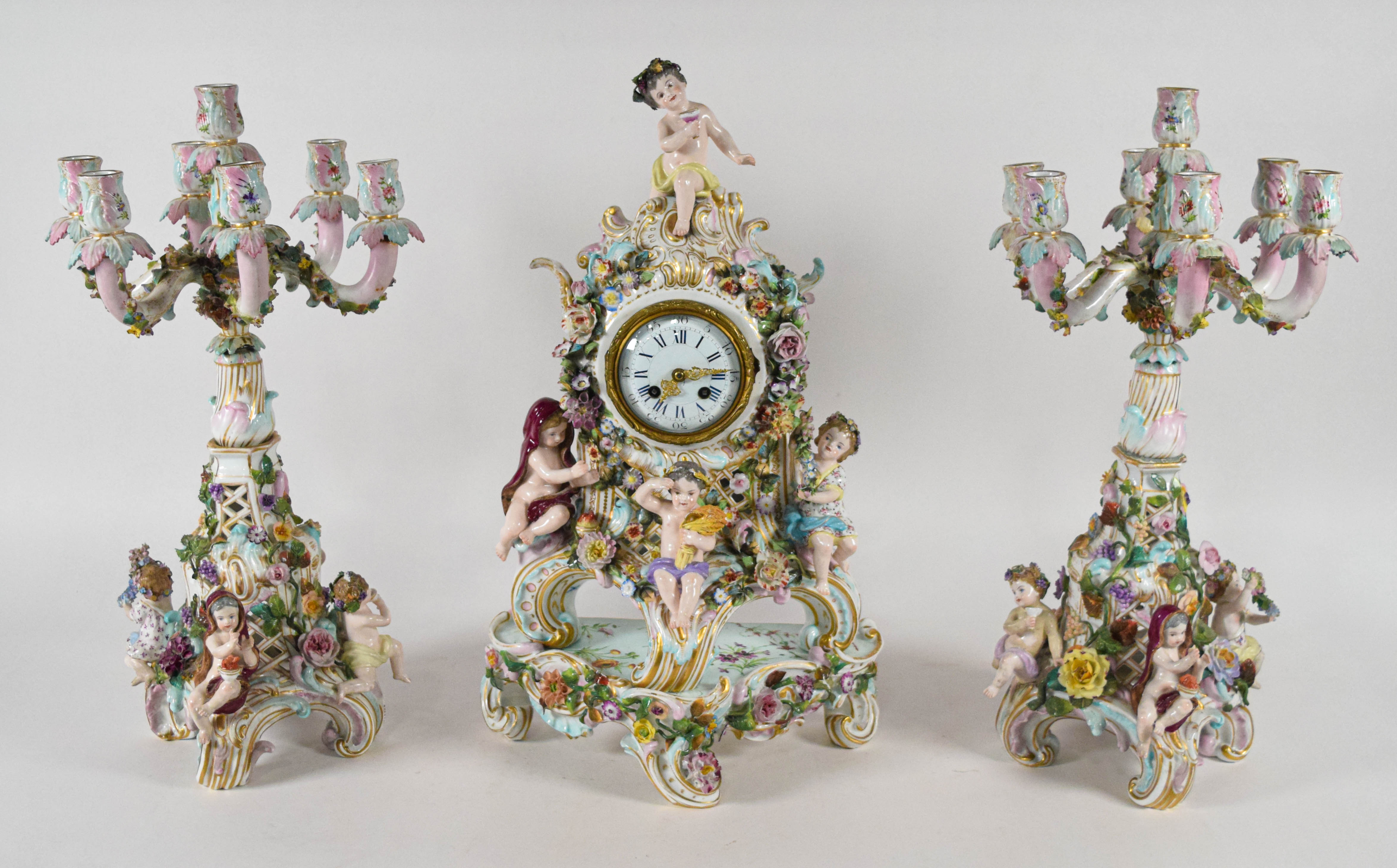 Meissen Four Seasons Mantel Clock and Candelabra Garniture