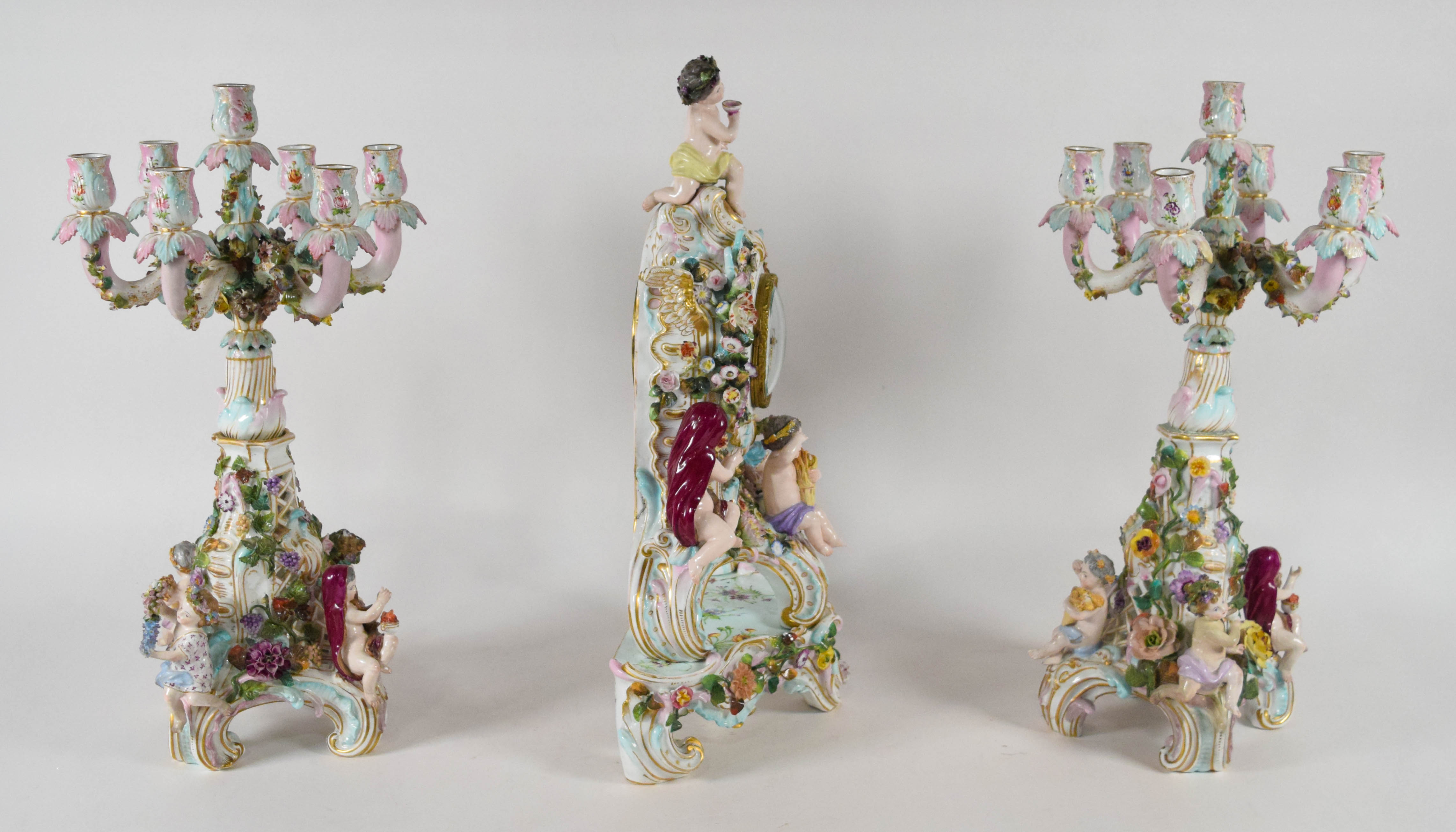 Meissen Four Seasons Mantel Clock and Candelabra Garniture