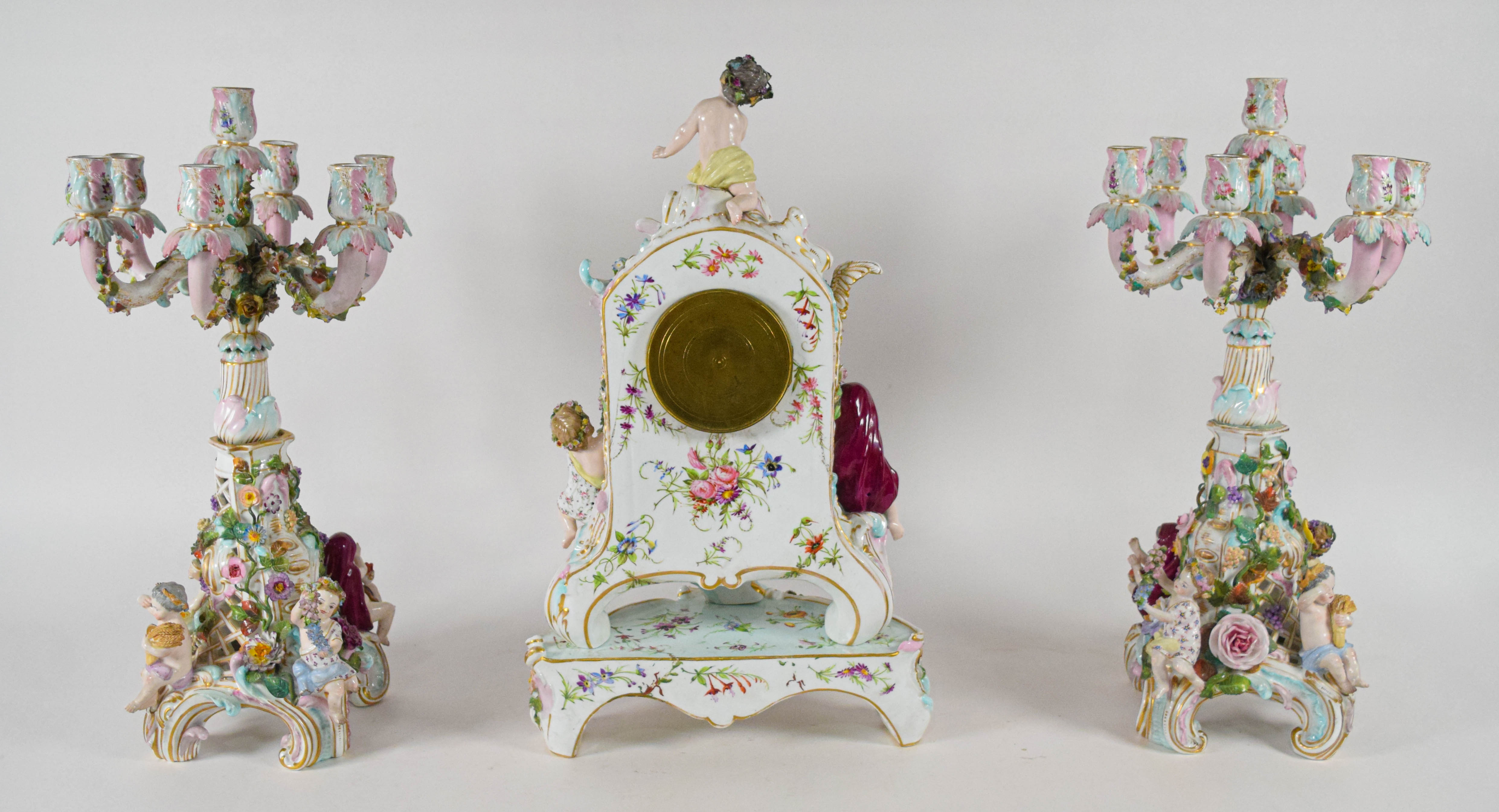 Meissen Four Seasons Mantel Clock and Candelabra Garniture