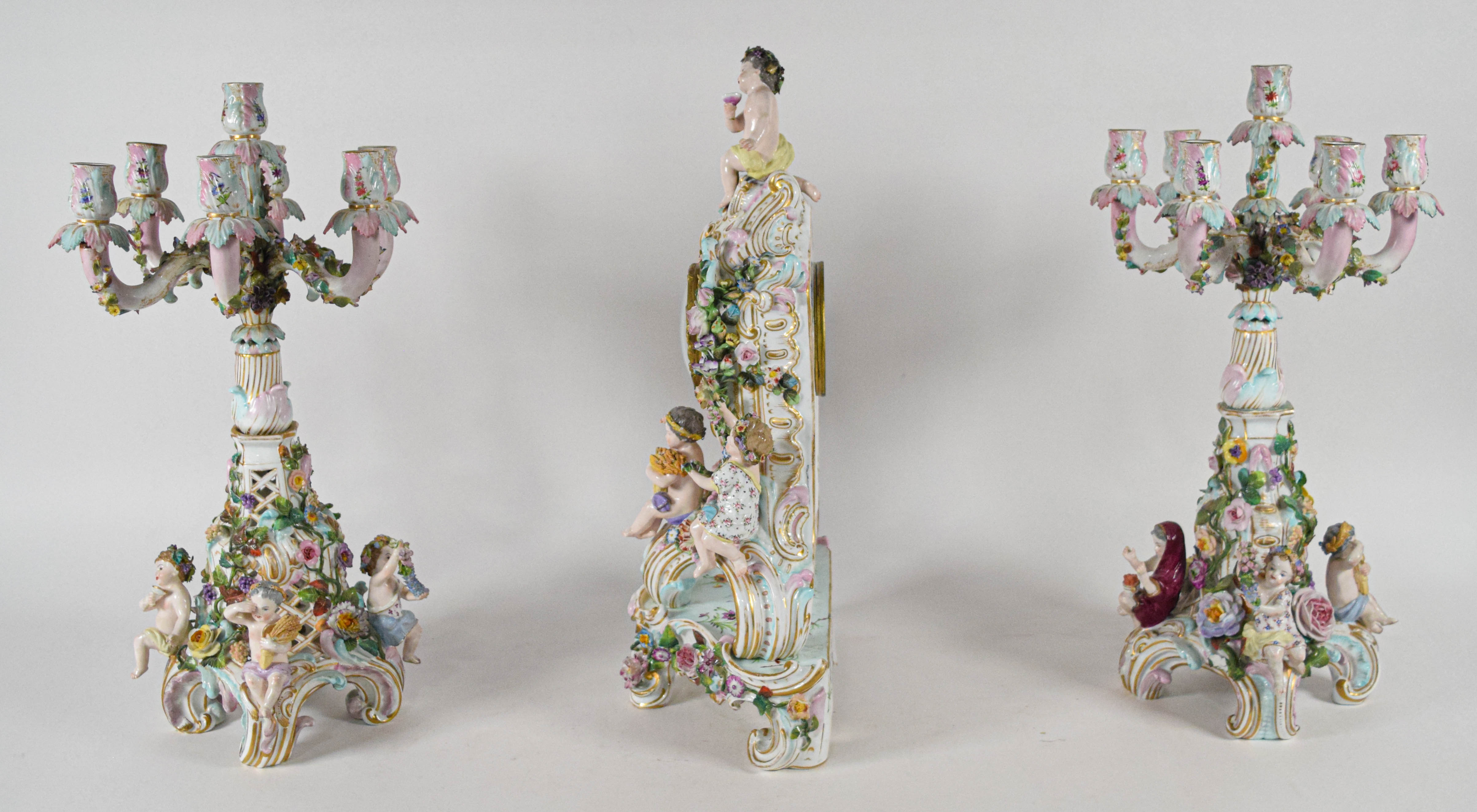 Meissen Four Seasons Mantel Clock and Candelabra Garniture