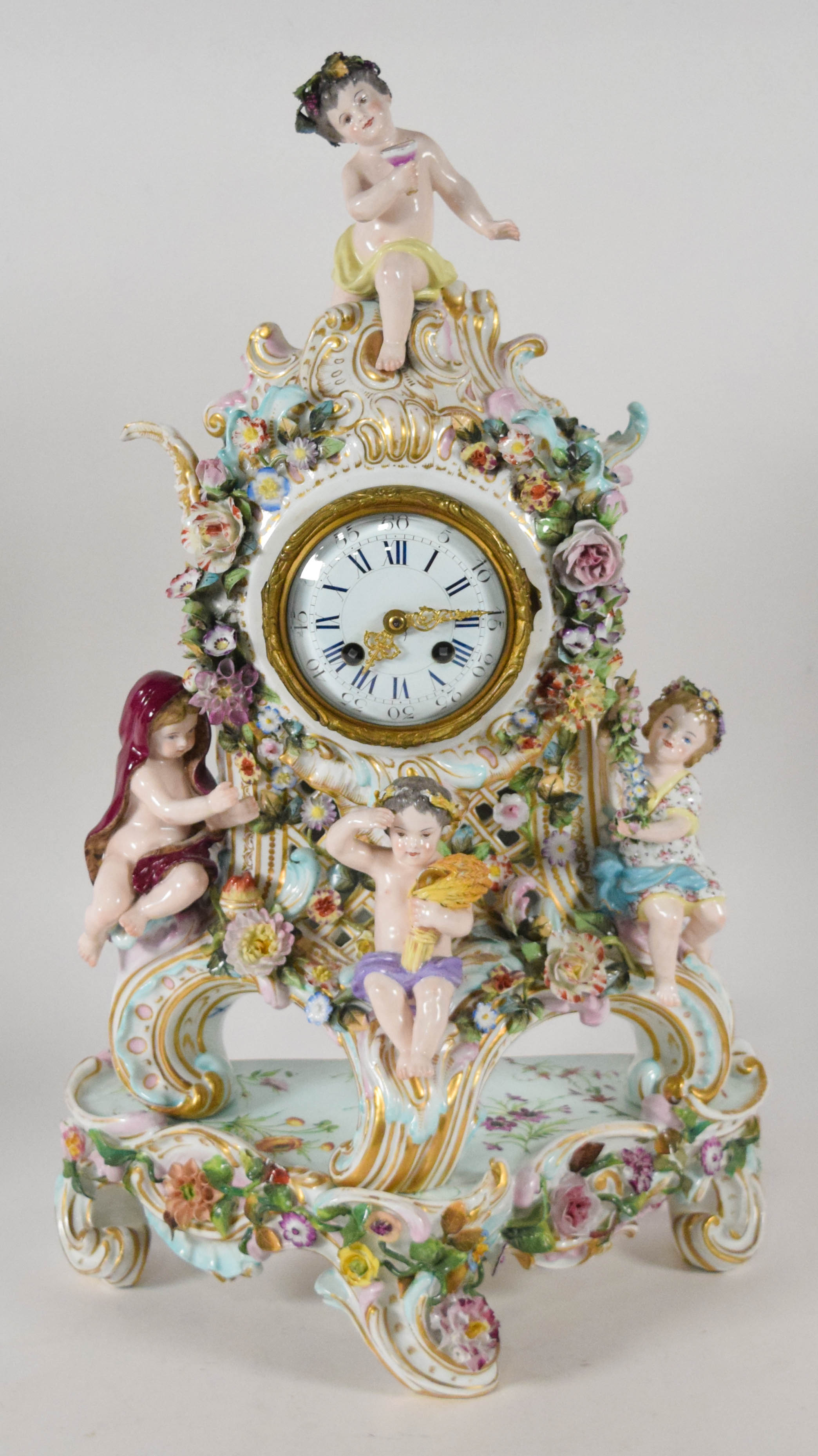 Meissen Four Seasons Mantel Clock and Candelabra Garniture