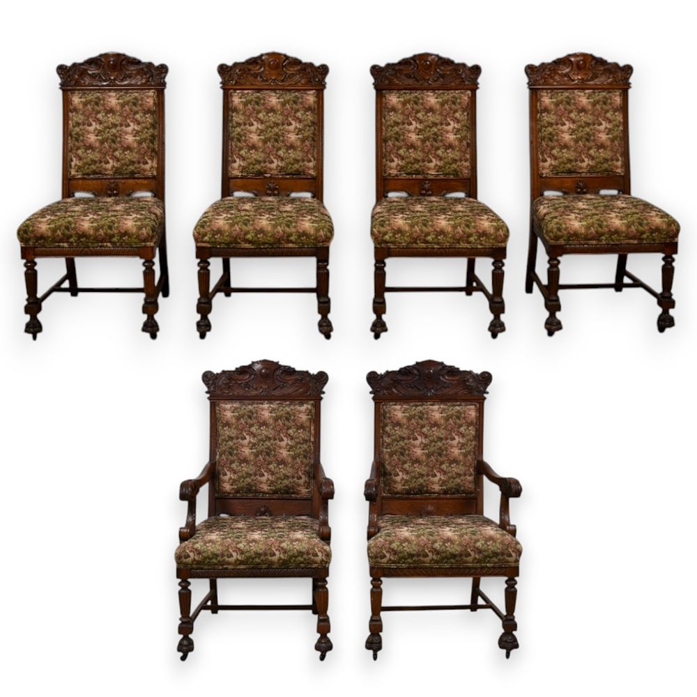 Lot 421: Set of 6 Renaissance Revival Carved Oak Dining Chairs